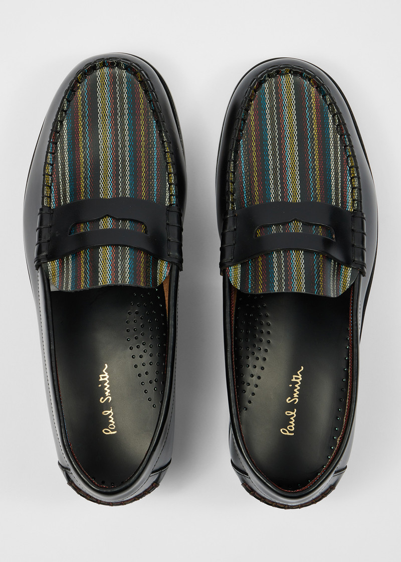 Paul Smith Black 'Signature Stripe' Leather 'Lido' Loafers outlook