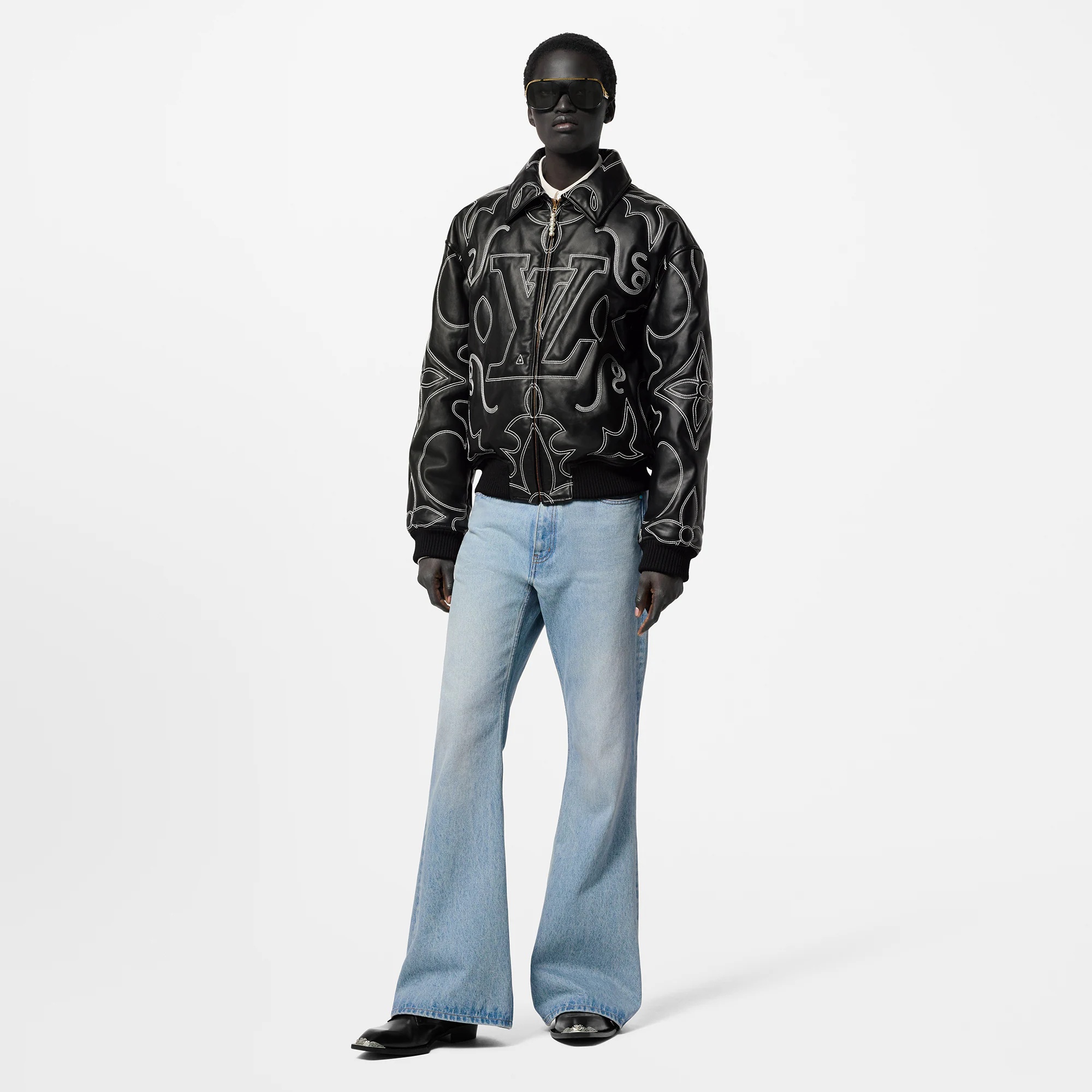Embroidered Leather Bomber Jacket - 4