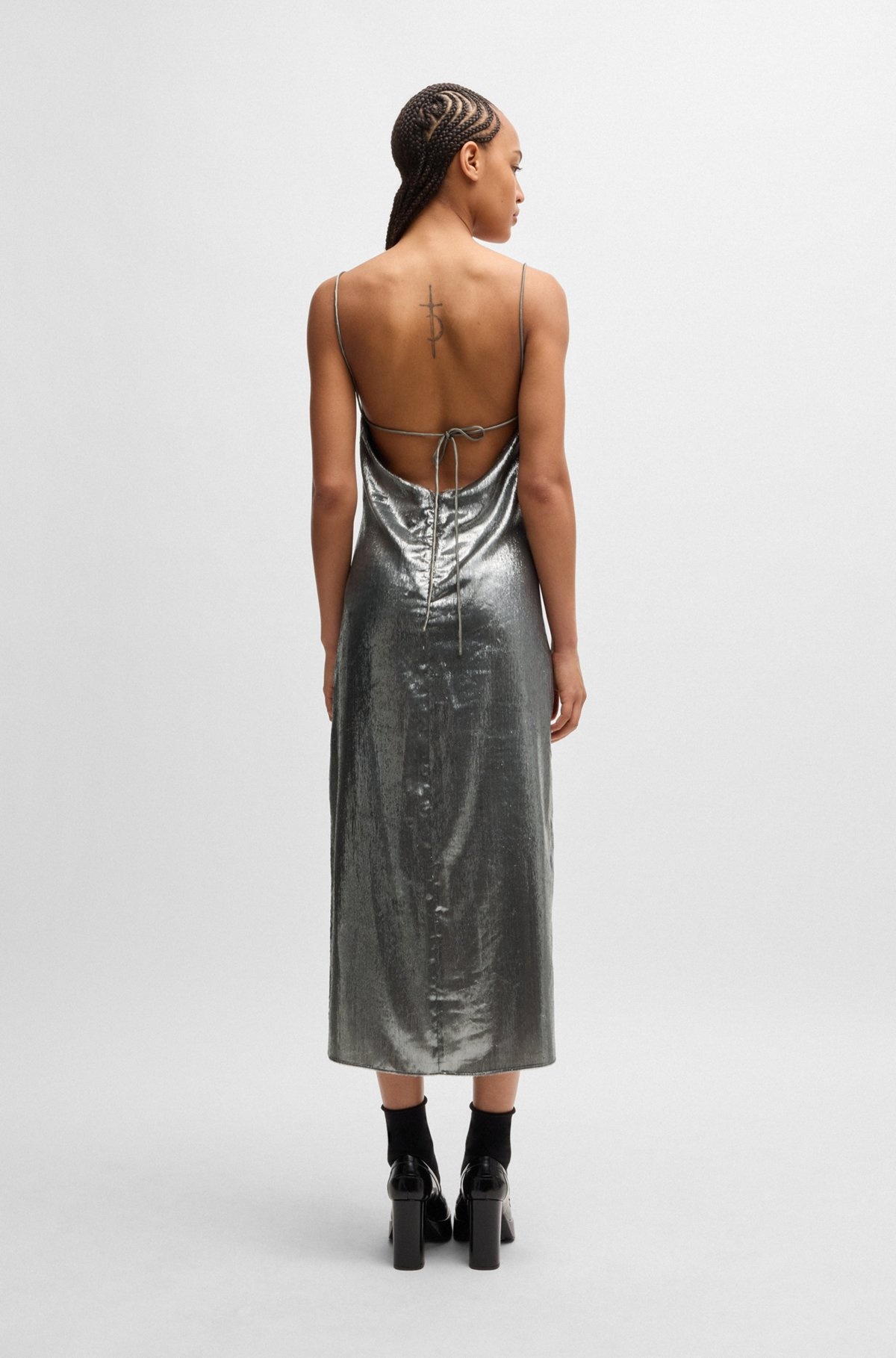 STRAPPY DRESS IN SILVER-TONE FABRIC WITH REAR TIE - 4