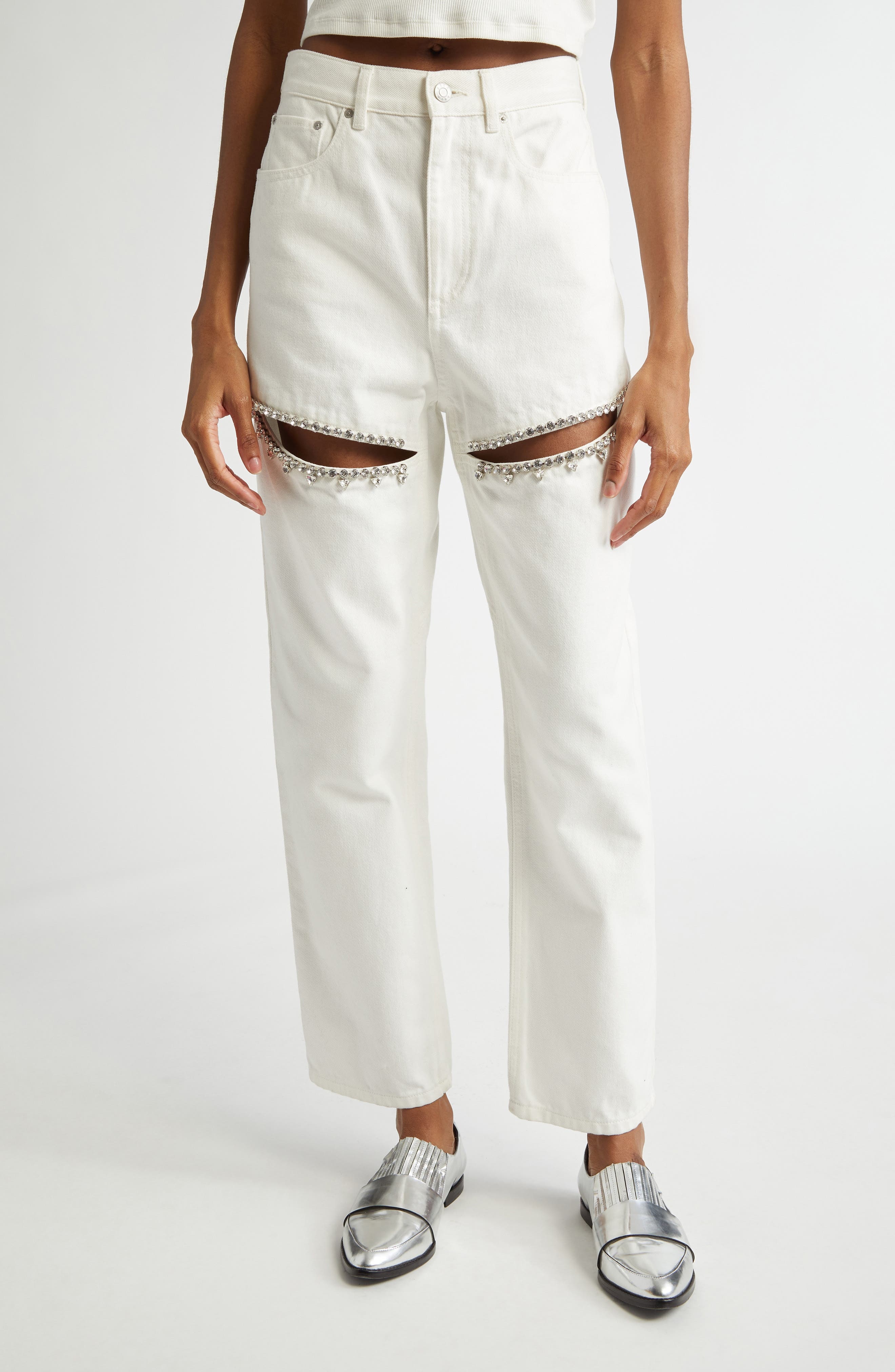 Area Crystal Slit Straight Leg Jeans in White at Nordstrom - 1