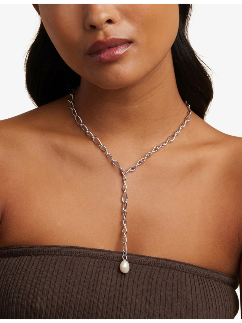 Infinite rhodium-plated sterling-silver and freshwater-pearl lariat necklace 3