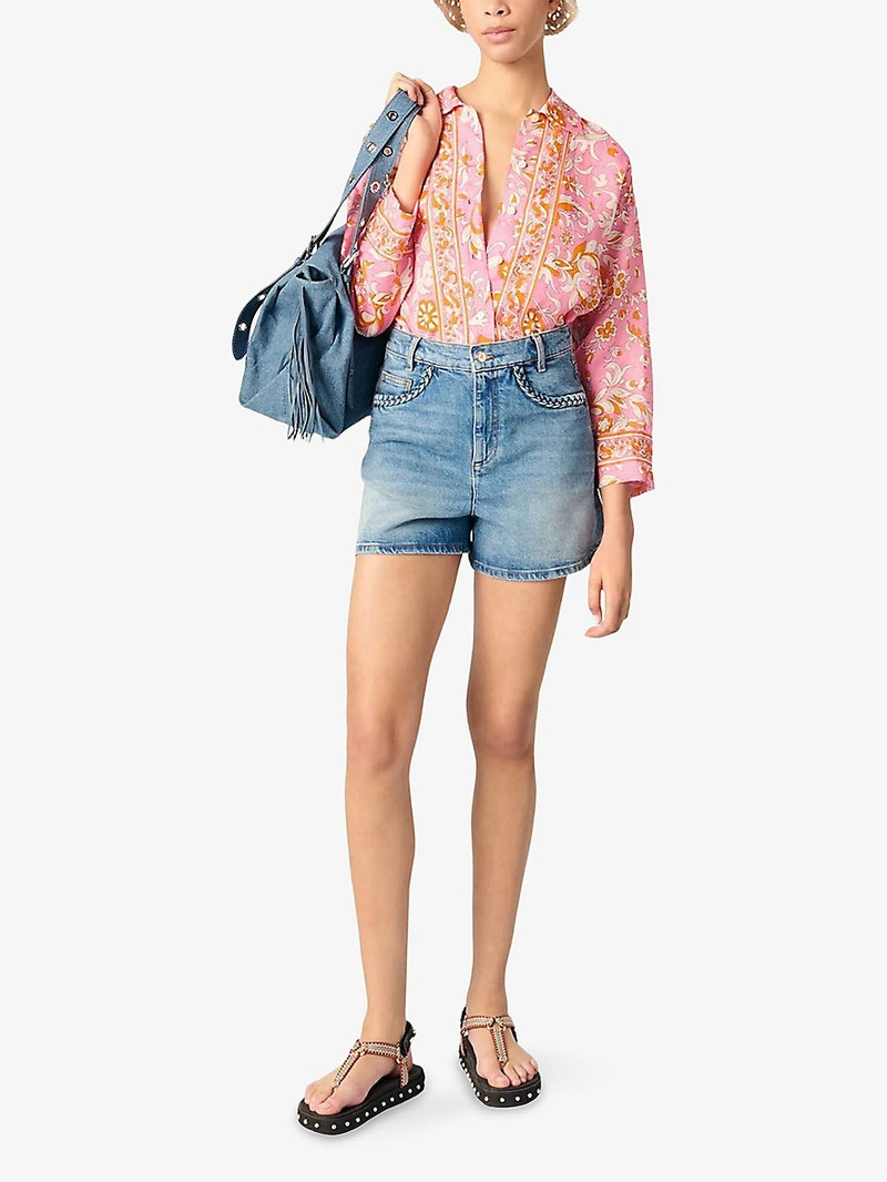 maje Braided-Trim Faded-Wash Denim Shorts outlook