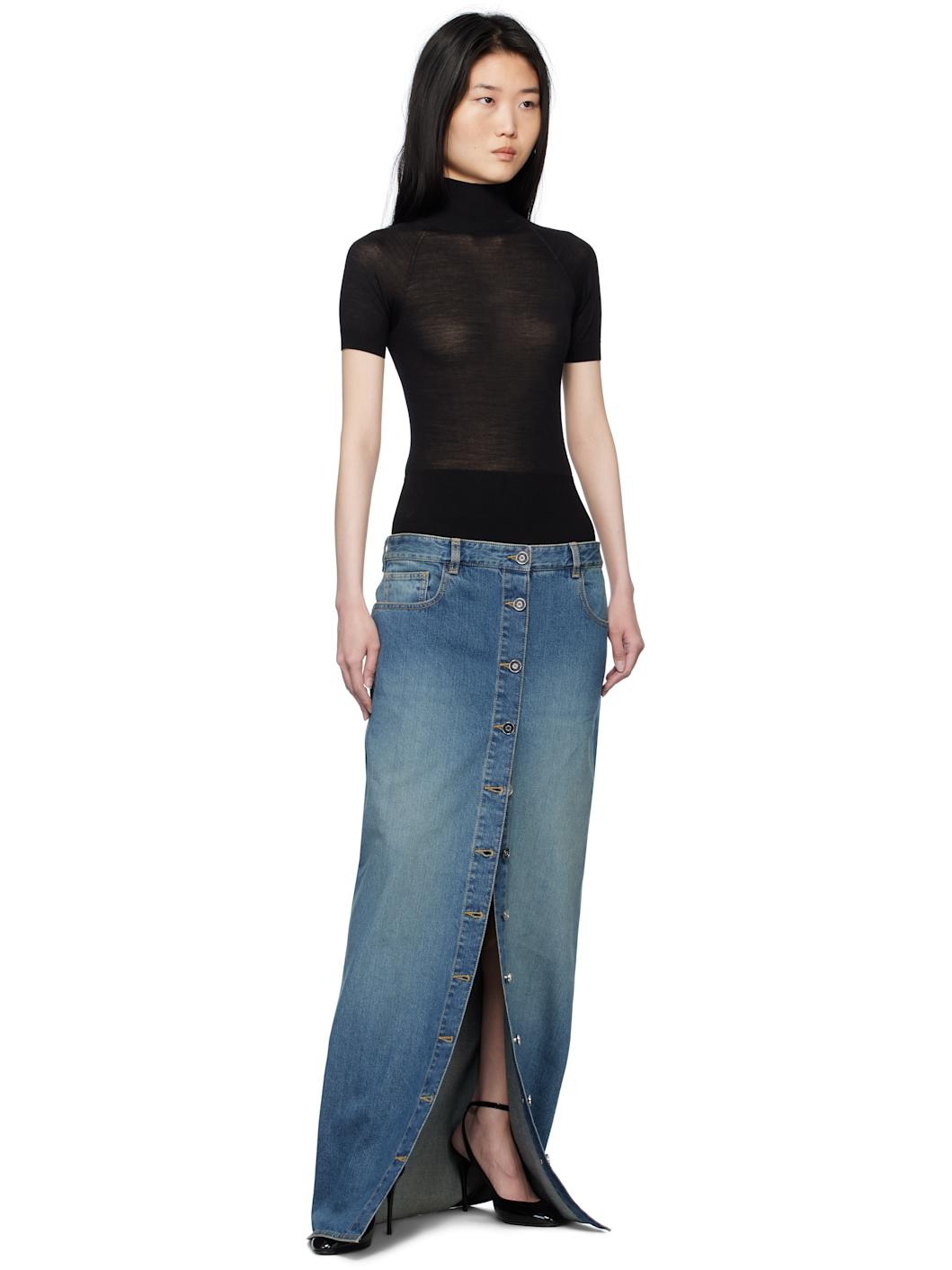 Blue Knitted Waistband Denim Maxi Skirt - 5
