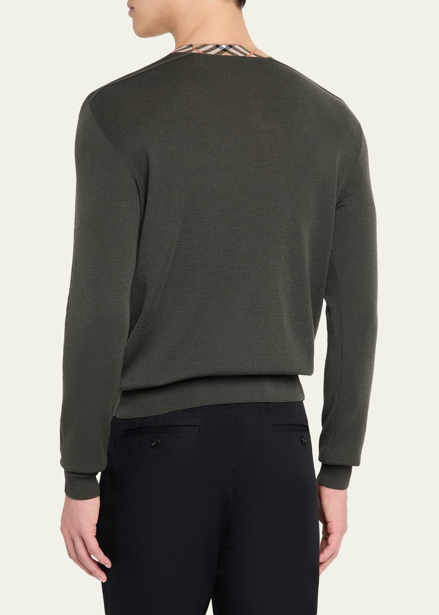 Men's Wool Knit Check-Trim Crewneck Sweater - 3