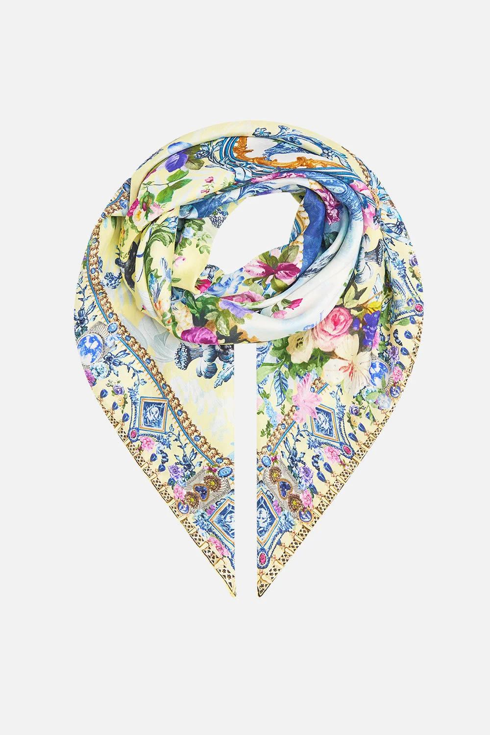 LARGE CRYSTALLED SILK SQUARE SCARF CHINOISERIE CHILD - 1
