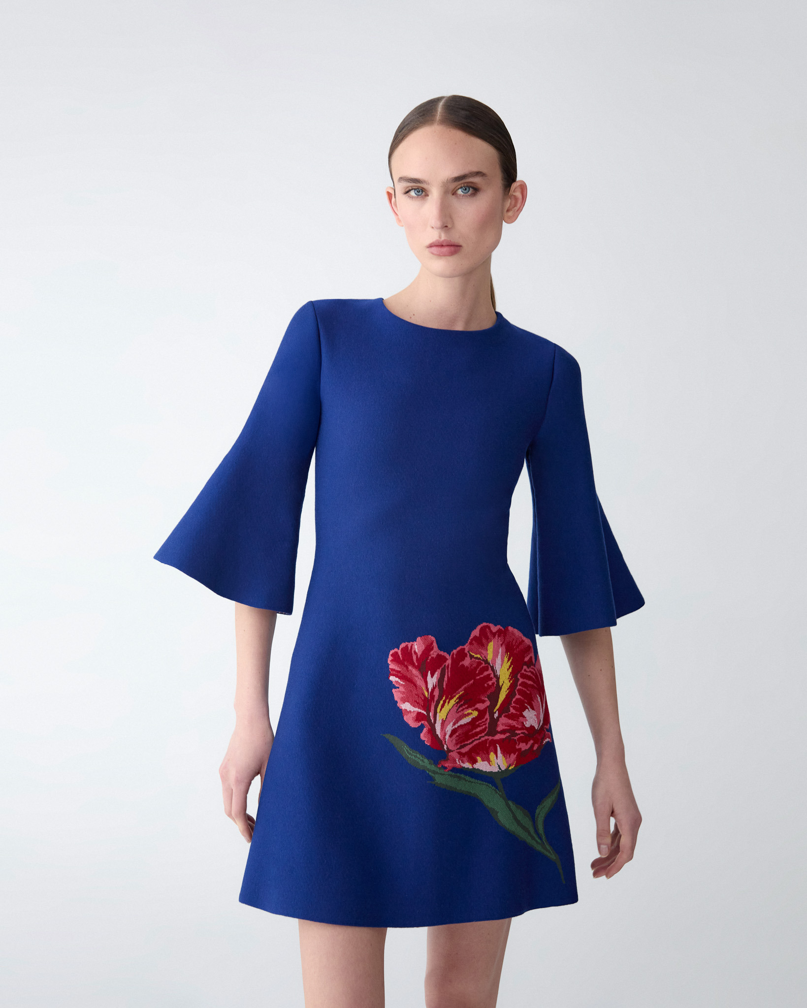 Floral Jacquard Mini Dress with Flared Sleeves - 2