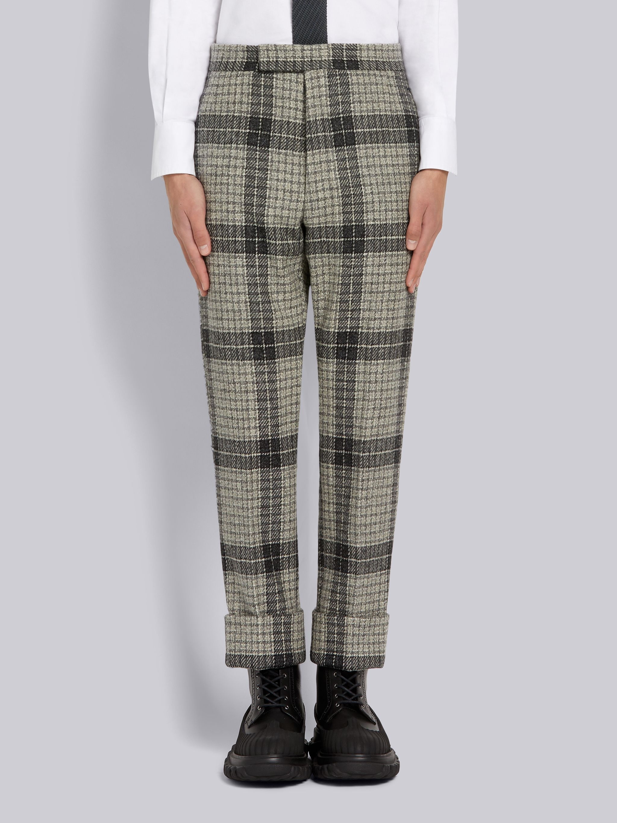 Medium Grey Grid Windowpane Check British Wool Classic Backstrap Trouser - 1