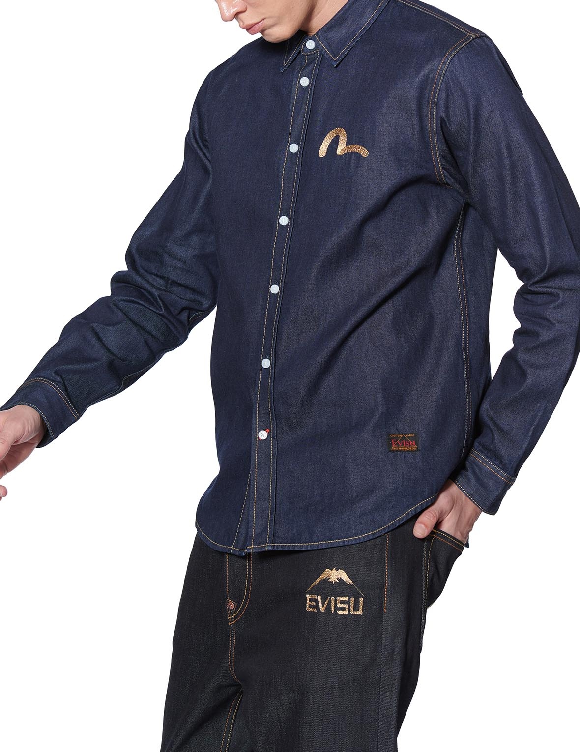 DISCHARGE TAKA CALLIGRAPHY DENIM SHIRT - 7