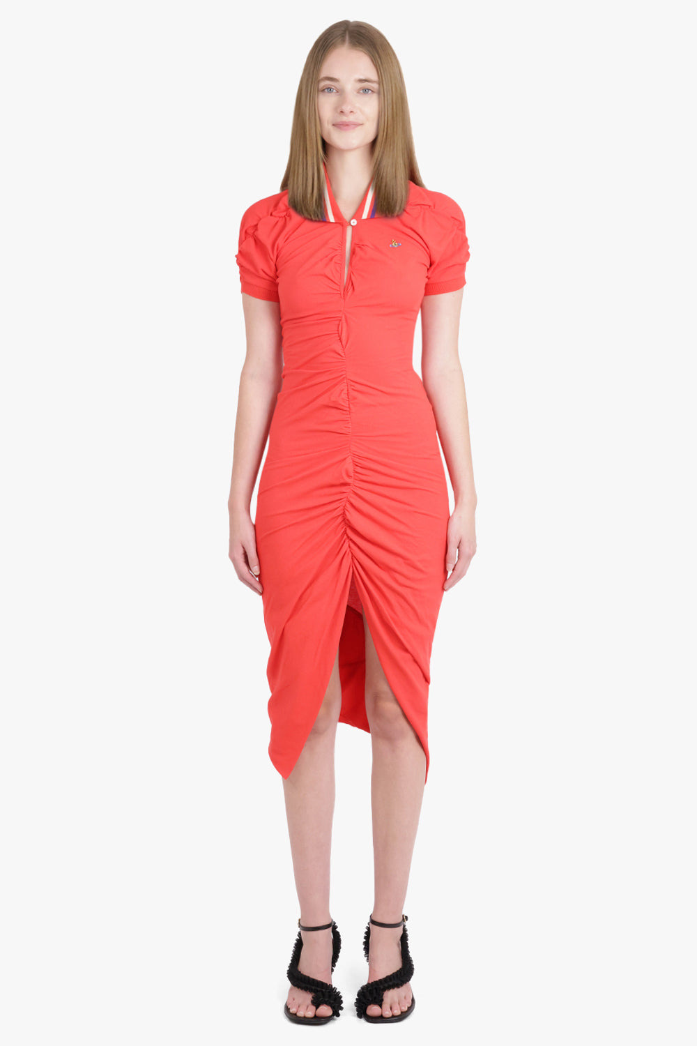 PULLING RUCHED S/S POLO V-HEM MIDI DRESS | RED - 2