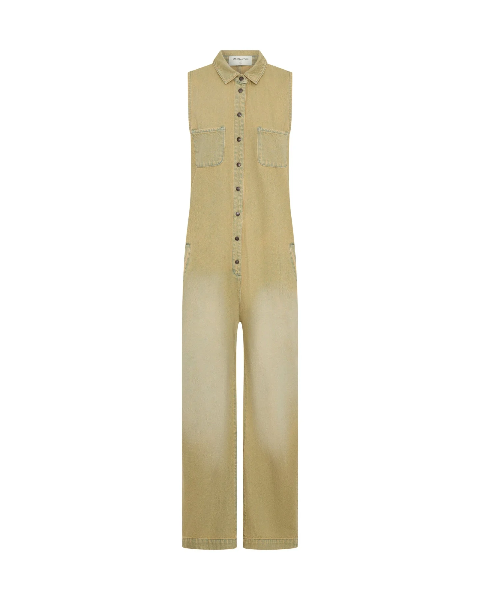 Braxton Wide Leg Long Length Denim Jumpsuit - Warm Khaki - 1