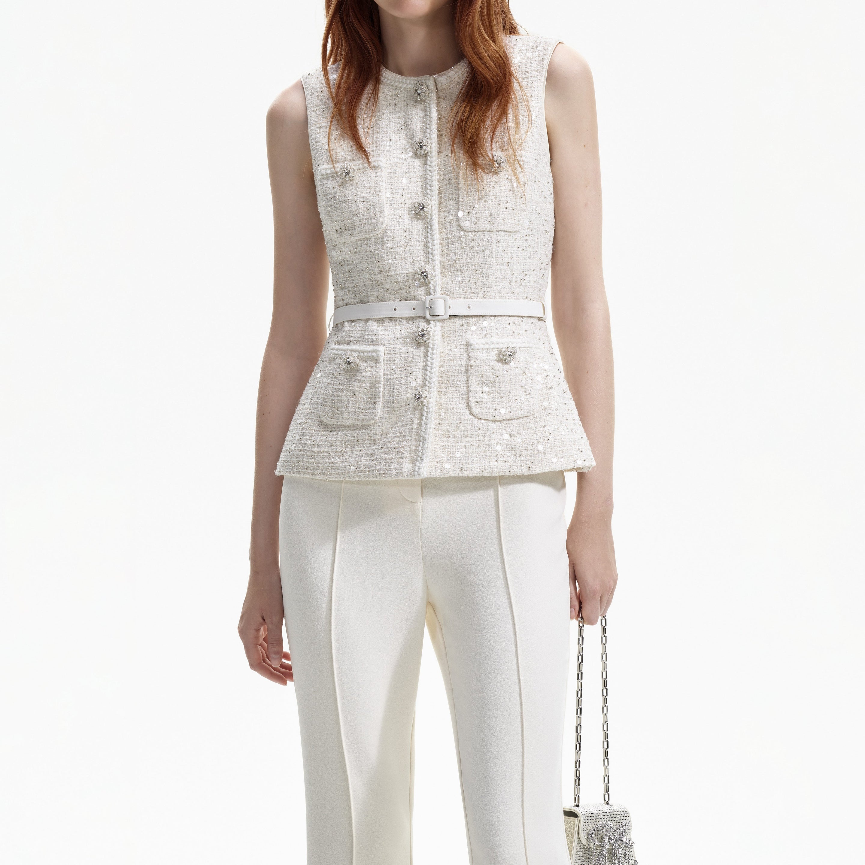 Cream Sequin Boucle Jumpsuit - 4