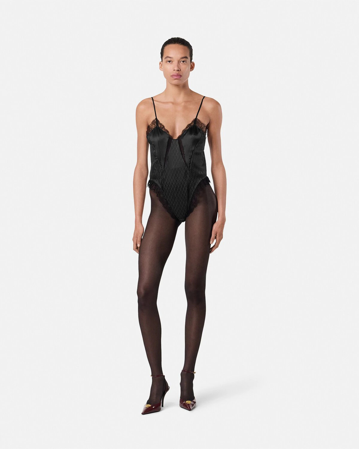 V Allover Jacquard Silk Bodysuit - 2