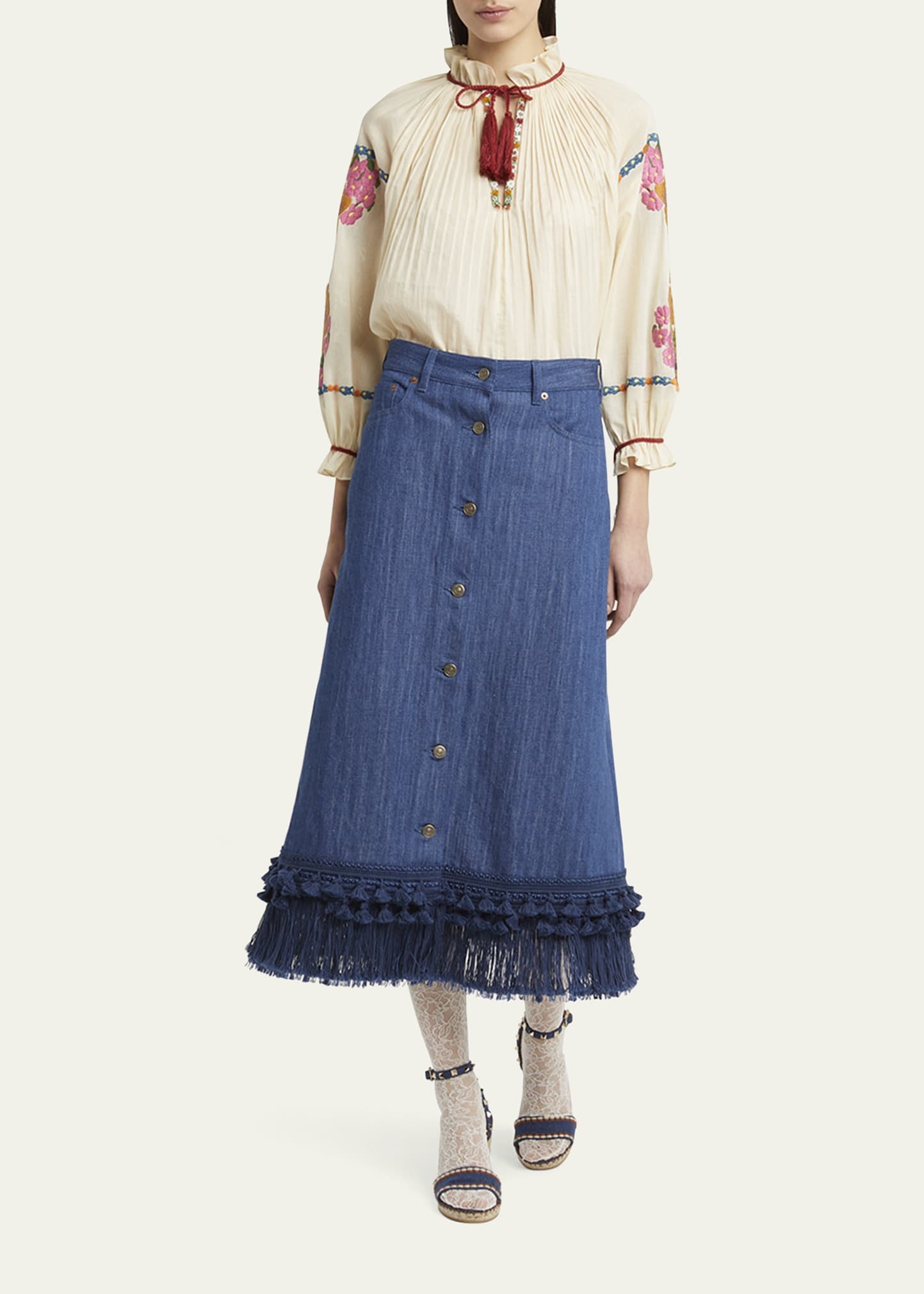 Tassel Button-Fly Denim Skirt - 2