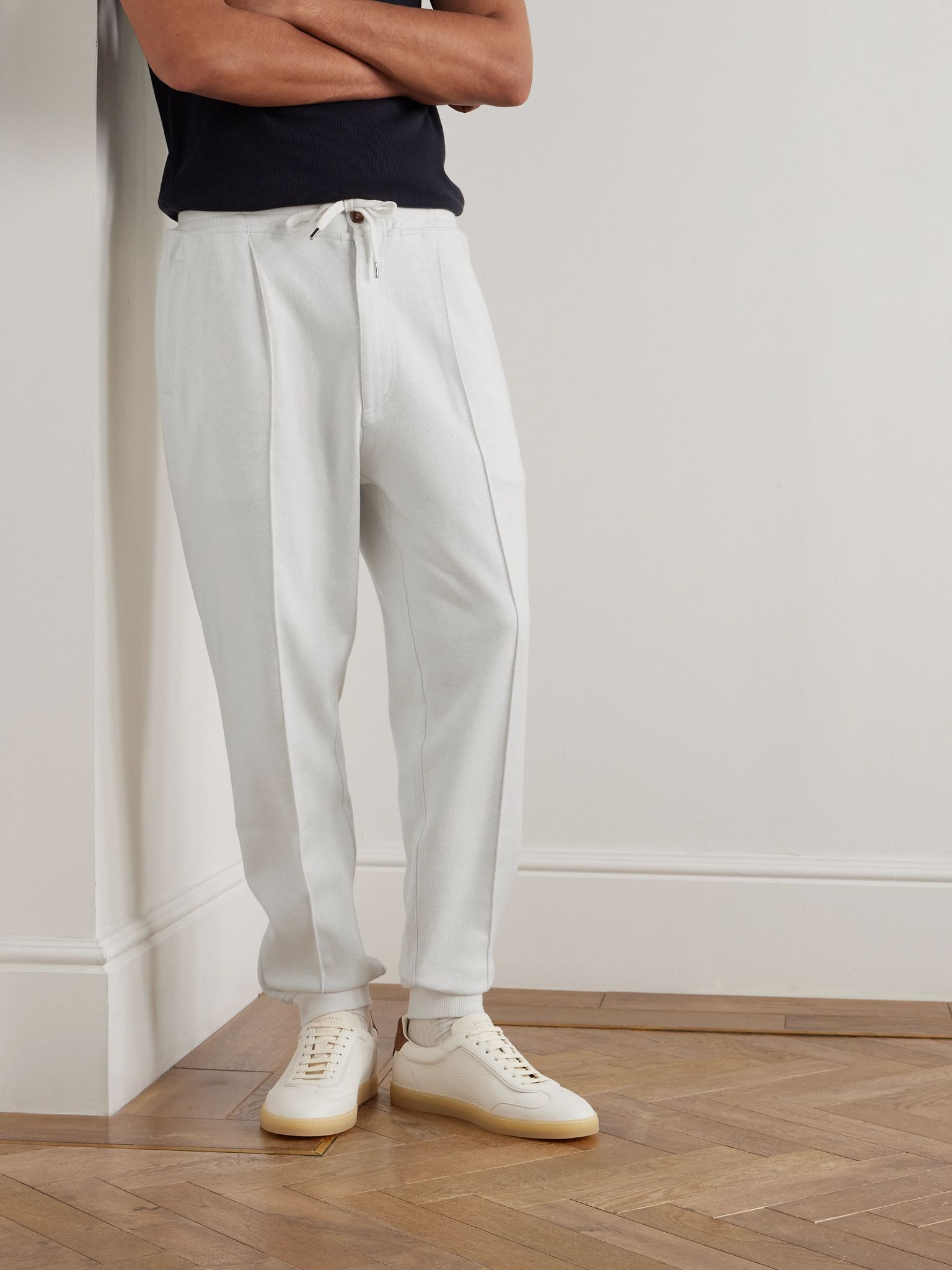 Tapered Pleated Cashmere-Blend Jersey Sweatpants White - 3