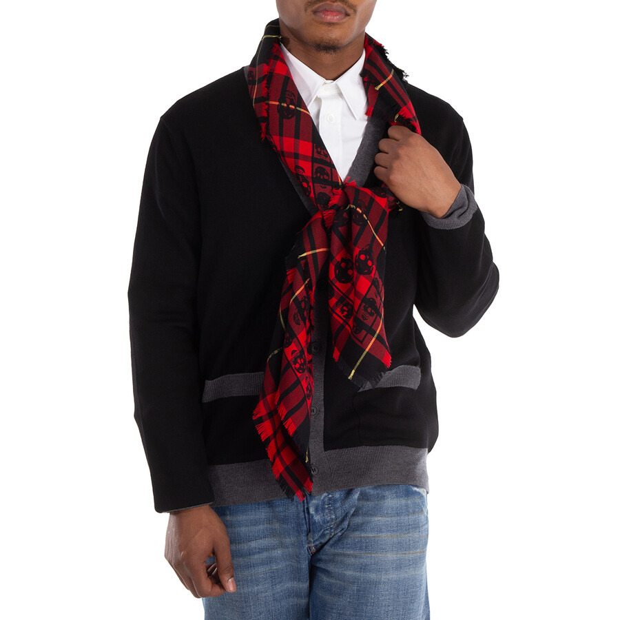 Alexander McQueen Men's Red/Black Skull Tartan Wool Scarf - 2