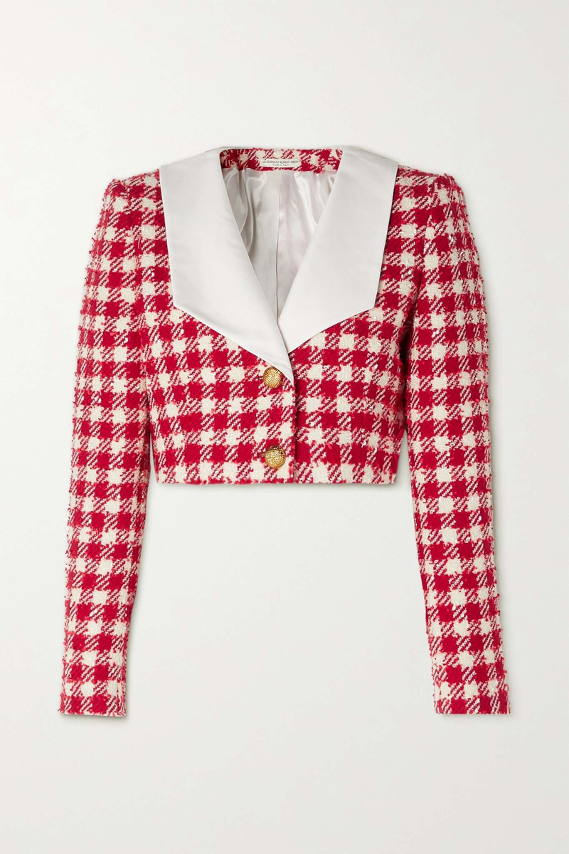 Cropped silk mikado-trimmed metallic wool-blend tweed jacket 1