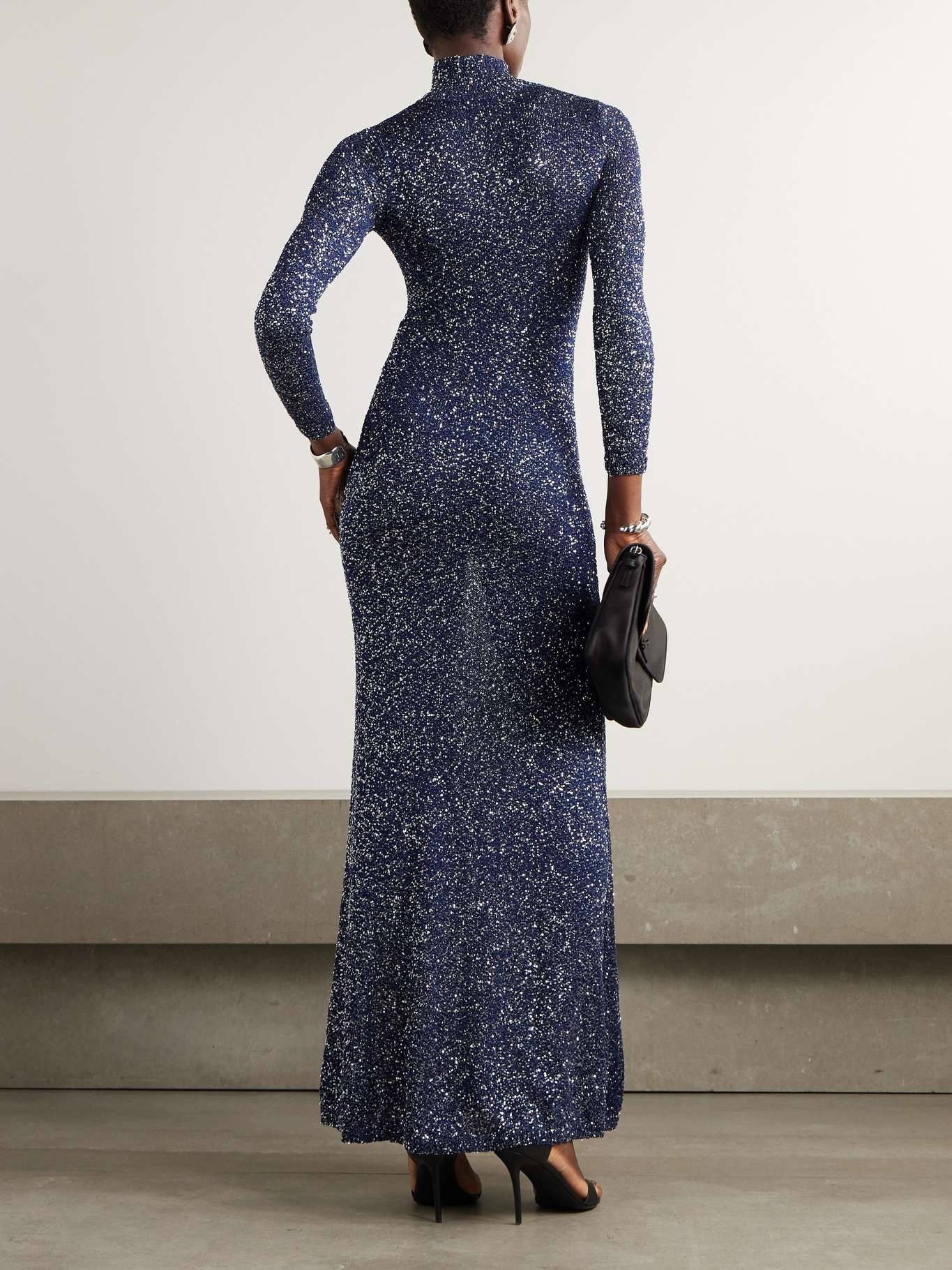 Sequined metallic-knit turtleneck maxi dress Navy - 3