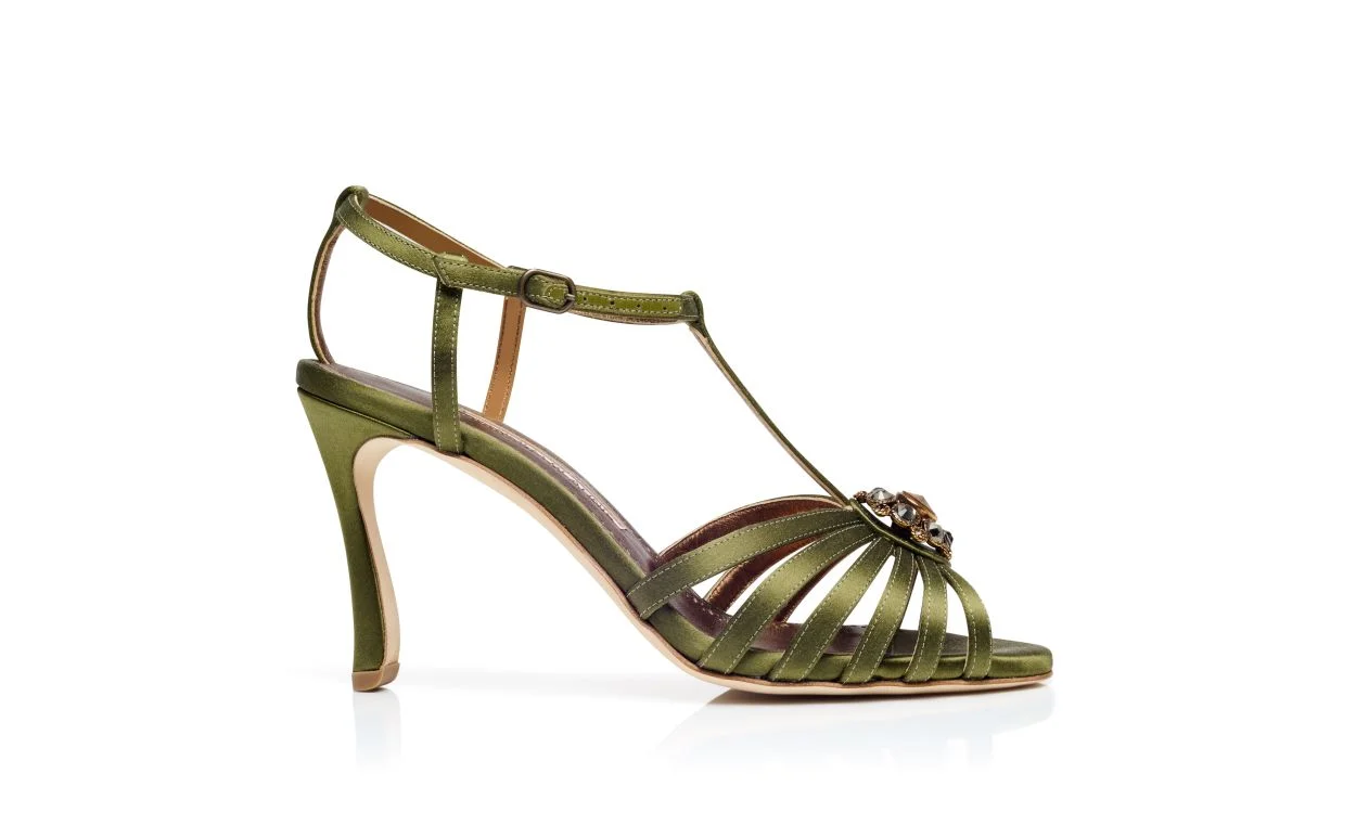 Khaki Satin Jewel Embellished T-Bar Sandals - 1