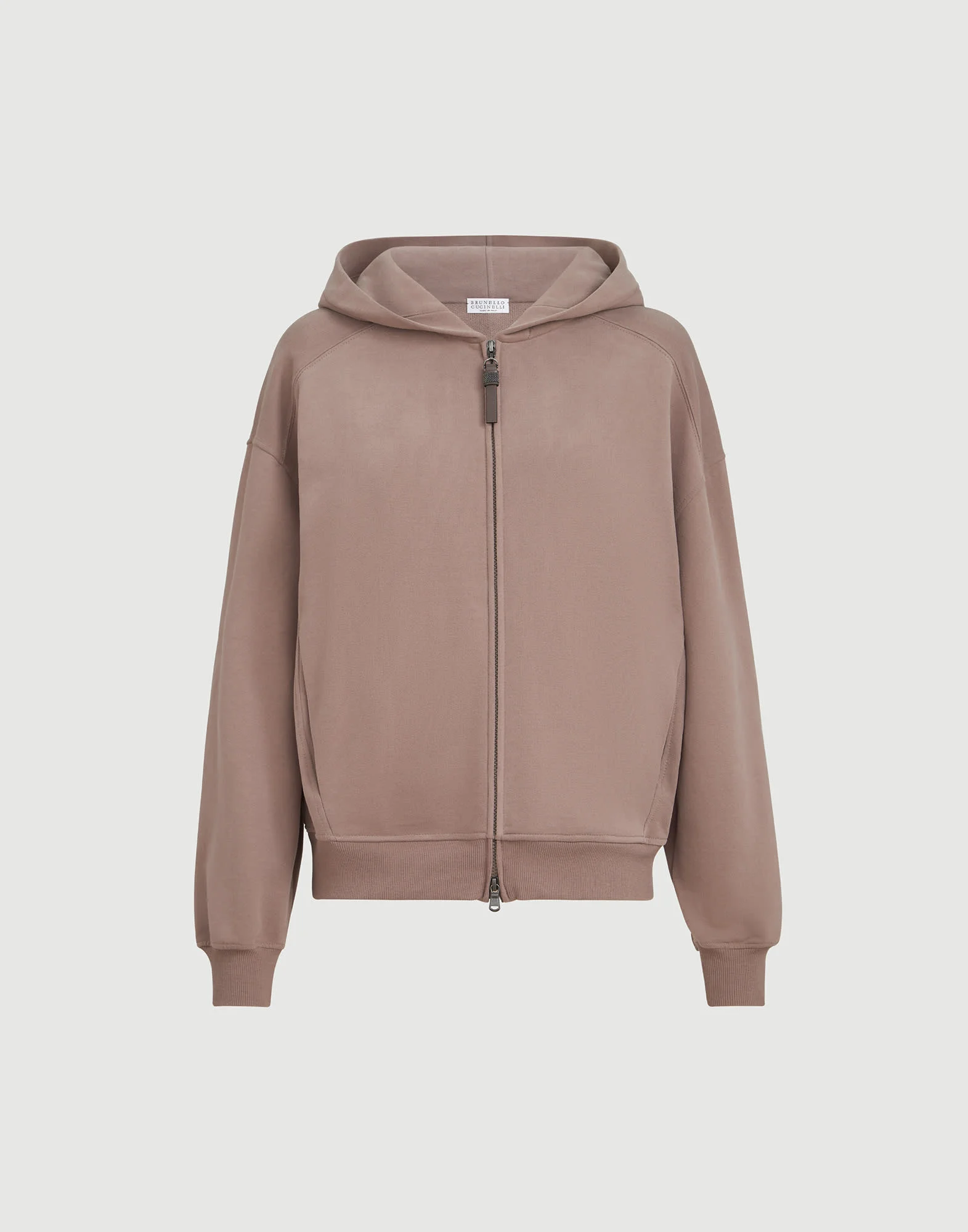 Cotton smooth French terry hooded sweatshirt with shiny zipper pull - 1
