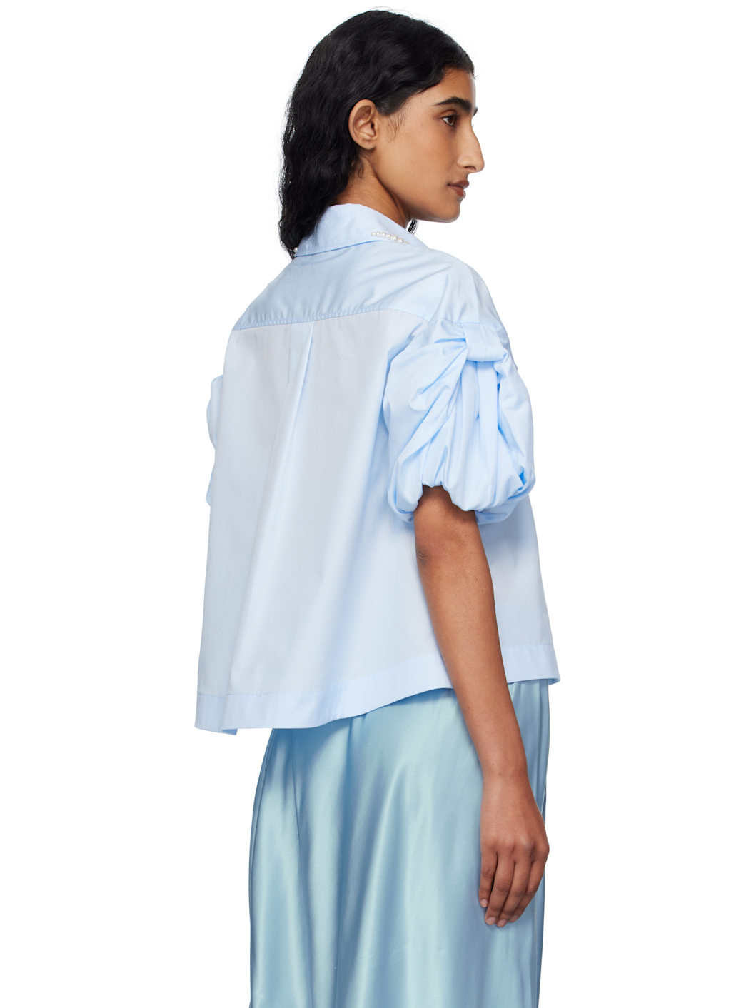 Blue Cropped Puff Bow Sleeve Shirt - 3