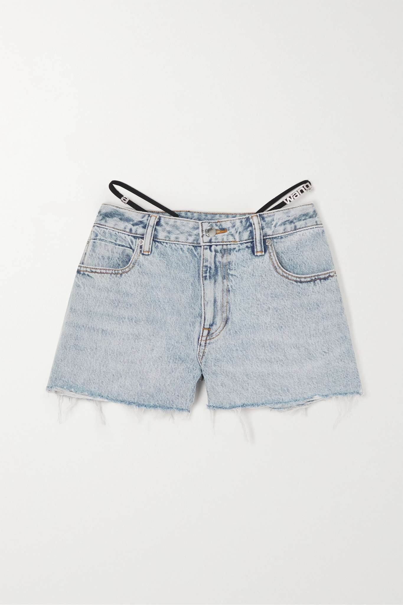 Crystal-embellished elastic-trimmed frayed denim shorts - 1