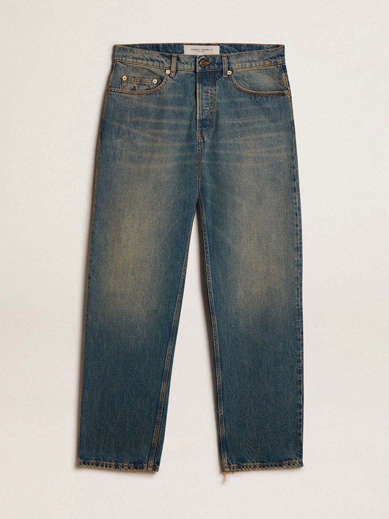 Blue jeans with a lived-in treatment 1