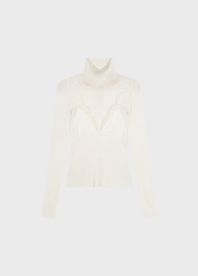 STRETCH RIBBED SWEATER WITH LACE AND SATIN INSERTS 1