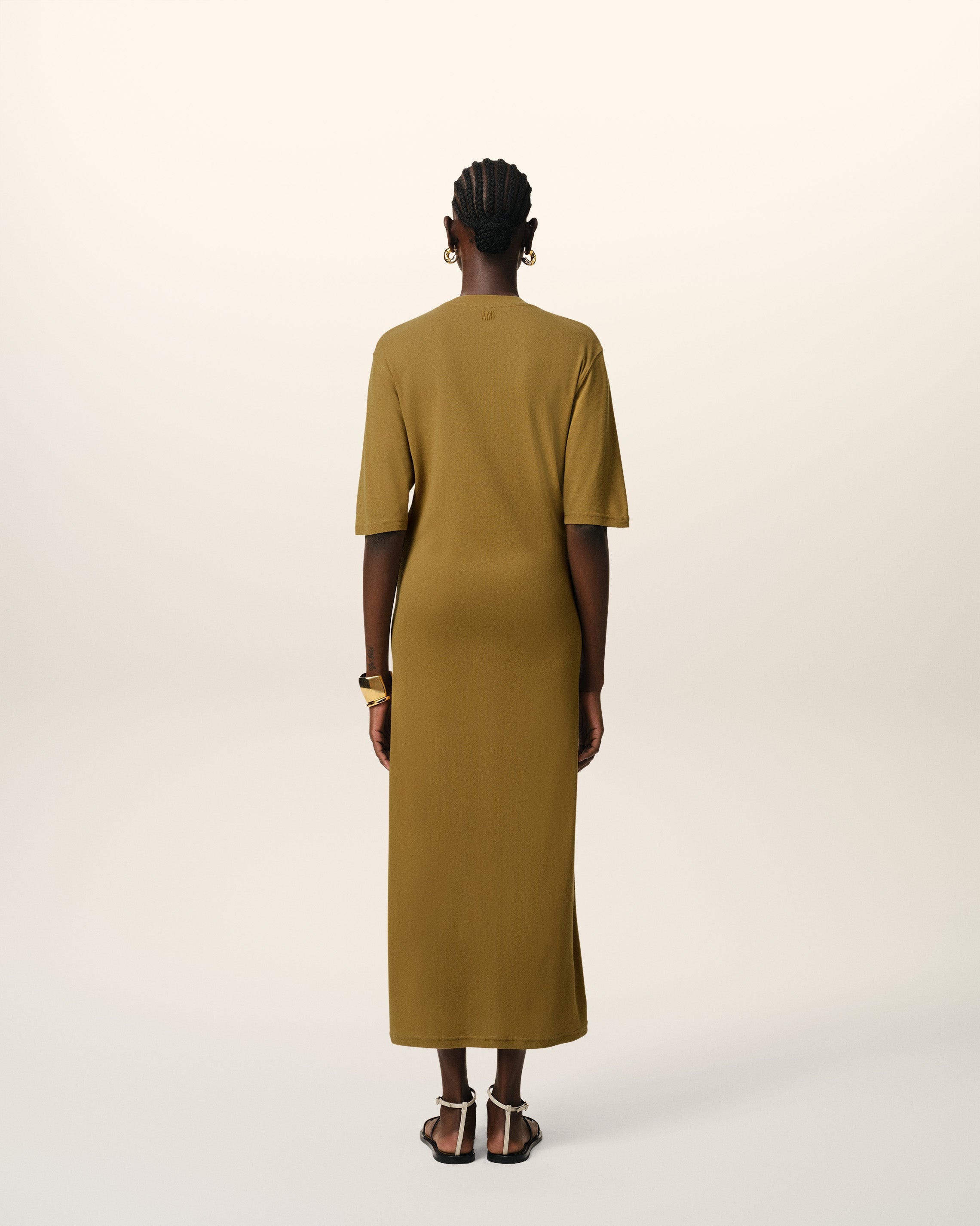 MUSTARD COTTON SHORT SLEEVE MIDI DRESS - 5