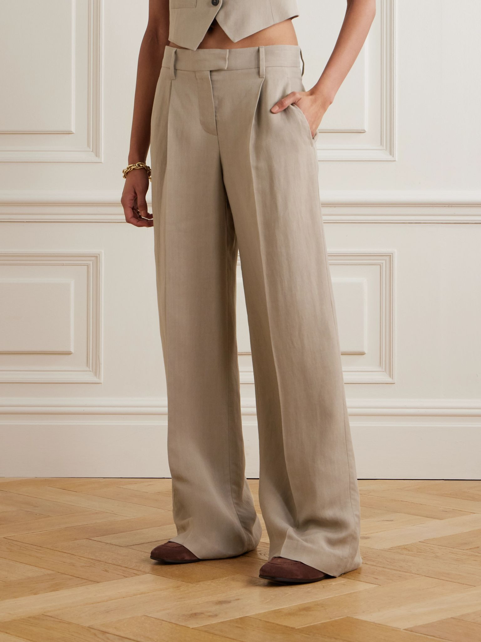 Bead-embellished pleated twill wide-leg pants Brown - 2