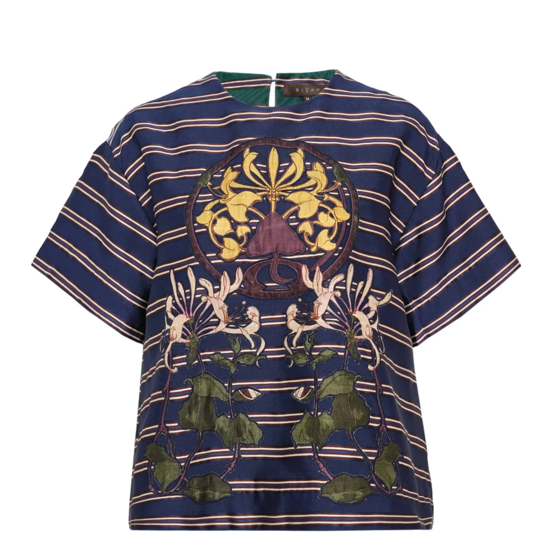 Stripe Cotton Silk Short Sleeve Top - 1