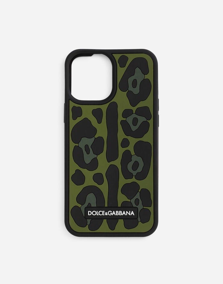 Rubber iPhone 12 Pro Max cover with leopard print against a green background - 1