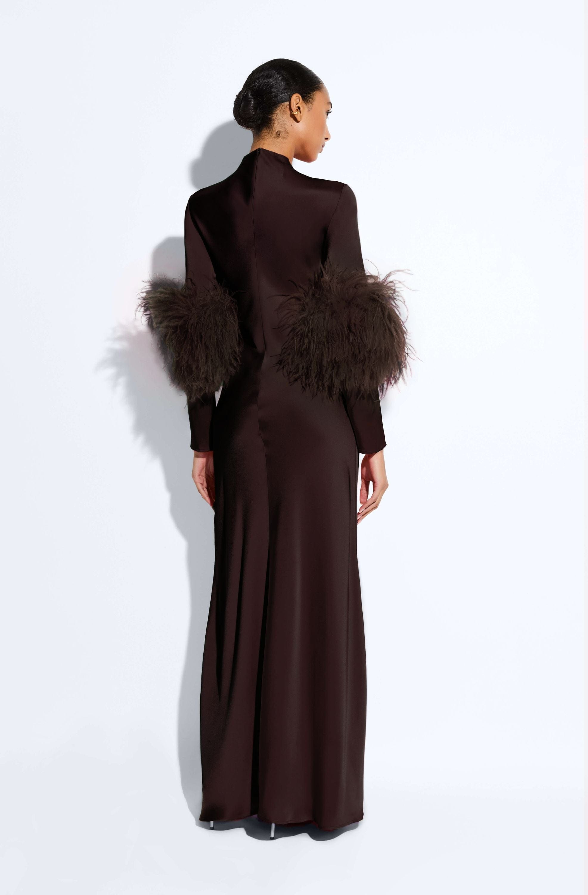Satin Tab Gown With Feathers - 3