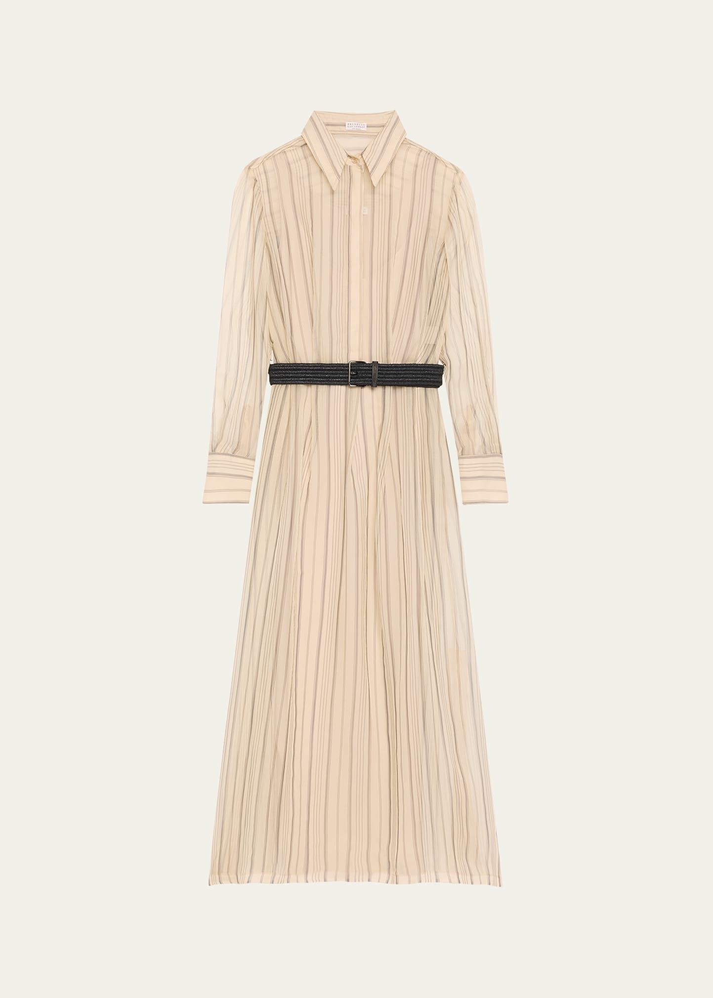 Striped Chiffon Maxi Shirtdress With Monili-Trim Raffia Belt - 1