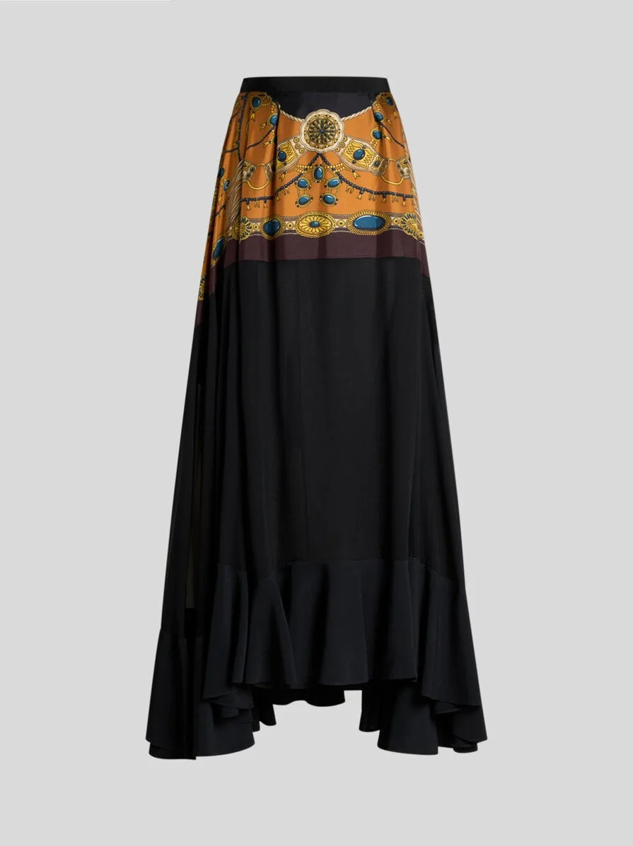 SILK MAXI SKIRT WITH BOW AND PLACED JEWELLERY PRINT - 1