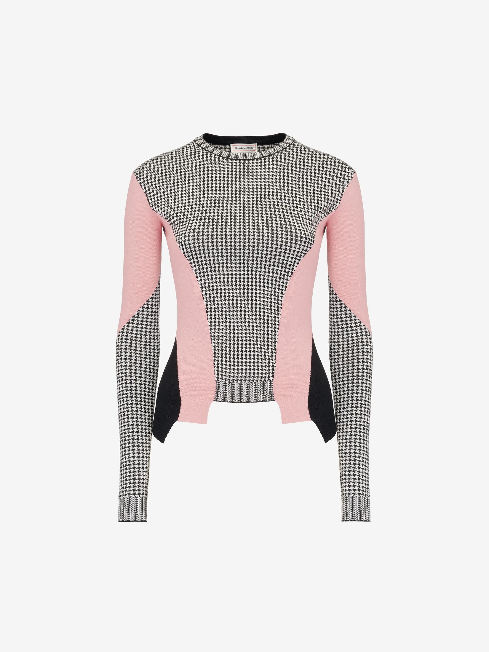 Women's Dogtooth Colour-block Peplum Jumper in Black/white/pink - 2