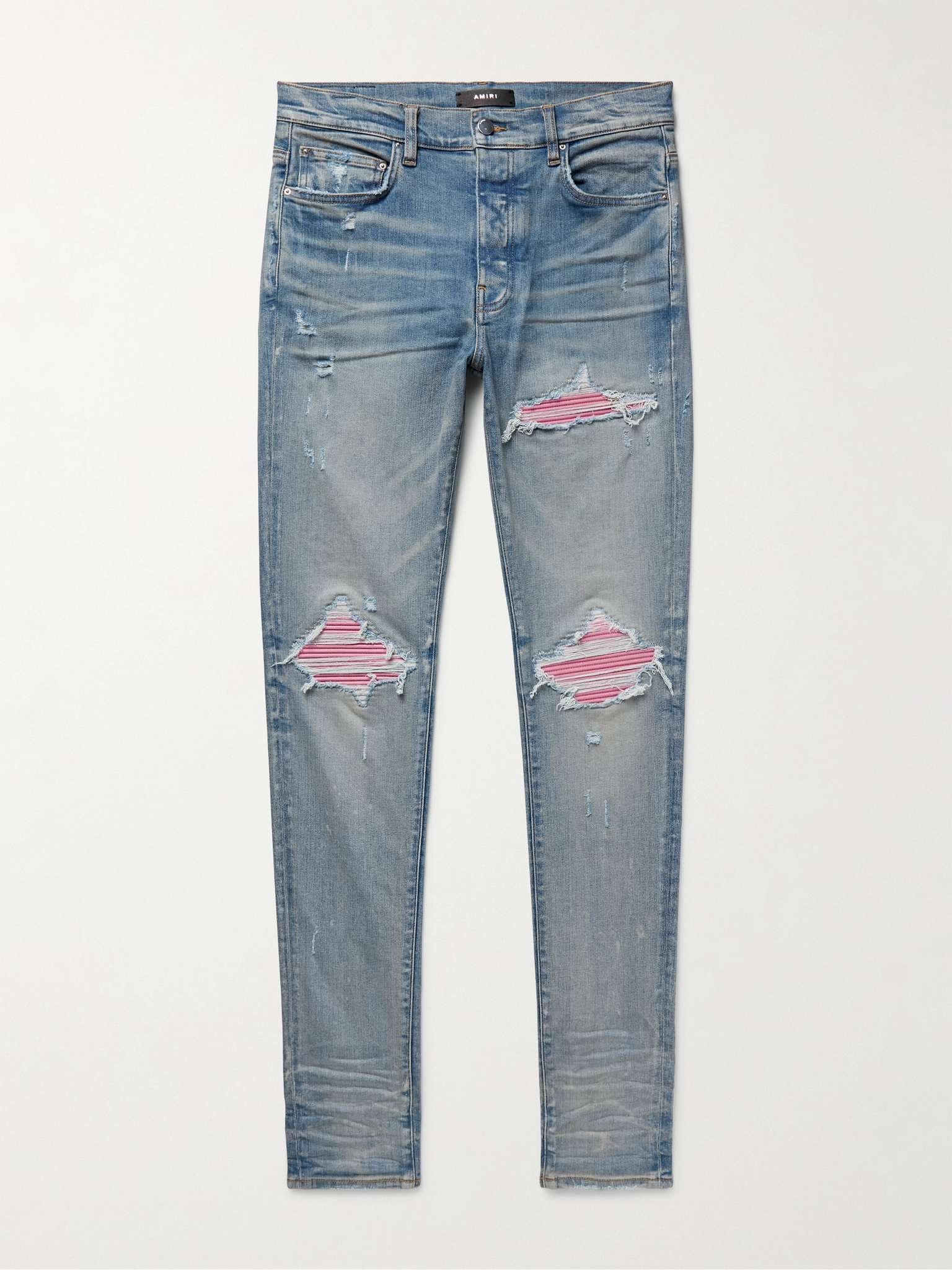 AMIRI MX1 Skinny-Fit Ultrasuede®-Panelled Distressed Jeans AMIRI MX1 Skinny-Fit Ultrasuede®-Panelled Distressed Jeans