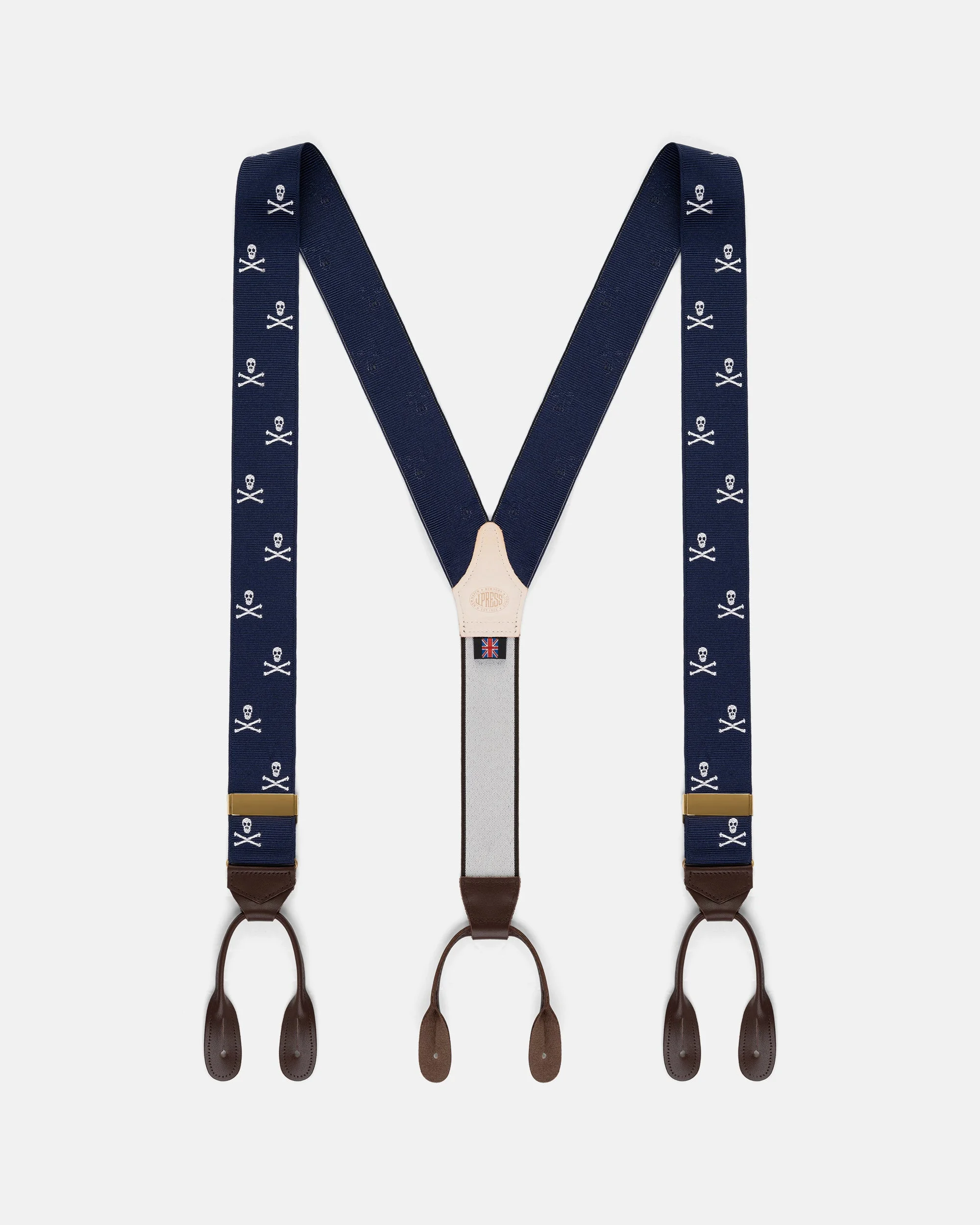 MADE-IN-ENGLAND NAVY SKULL & BONES JACQUARD RIBBON BRACES - 1