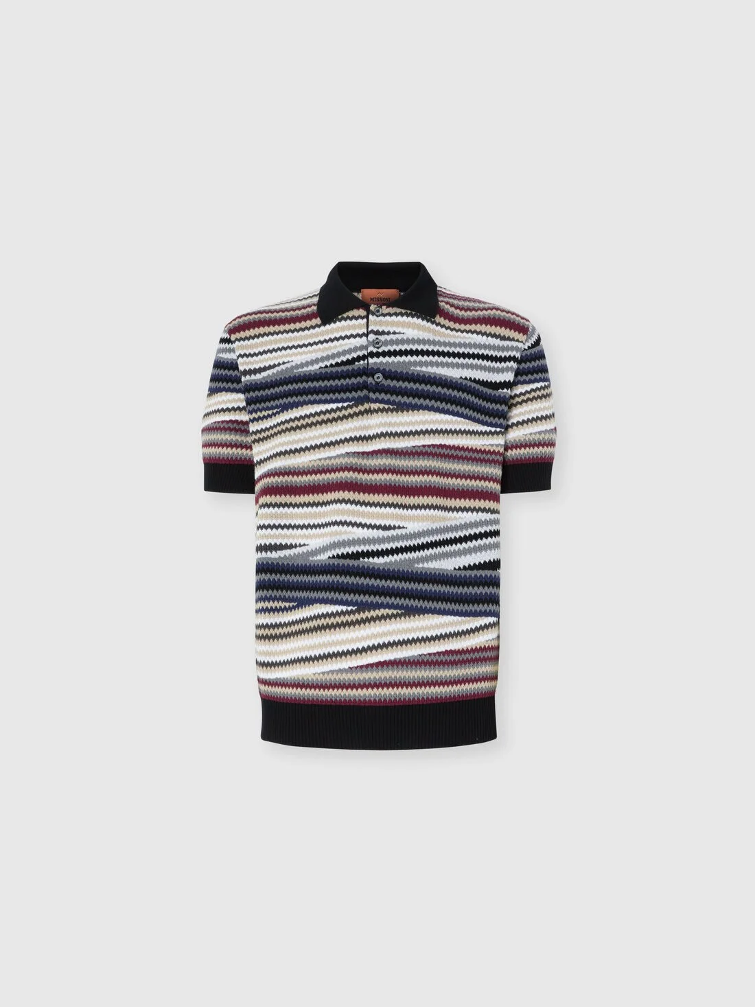 Short Sleeve Polo with Buttons and Striped Zigzag Pattern - 1