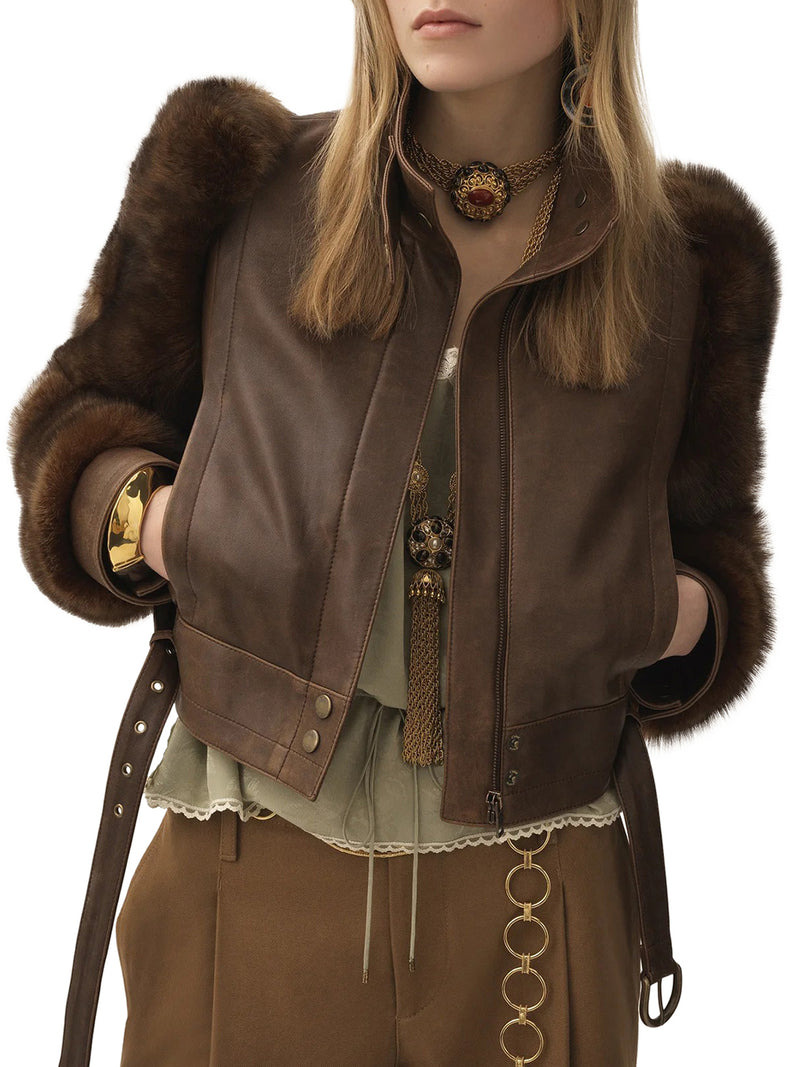 Chloe` Women Short High-Neck Leather Jacket - 2
