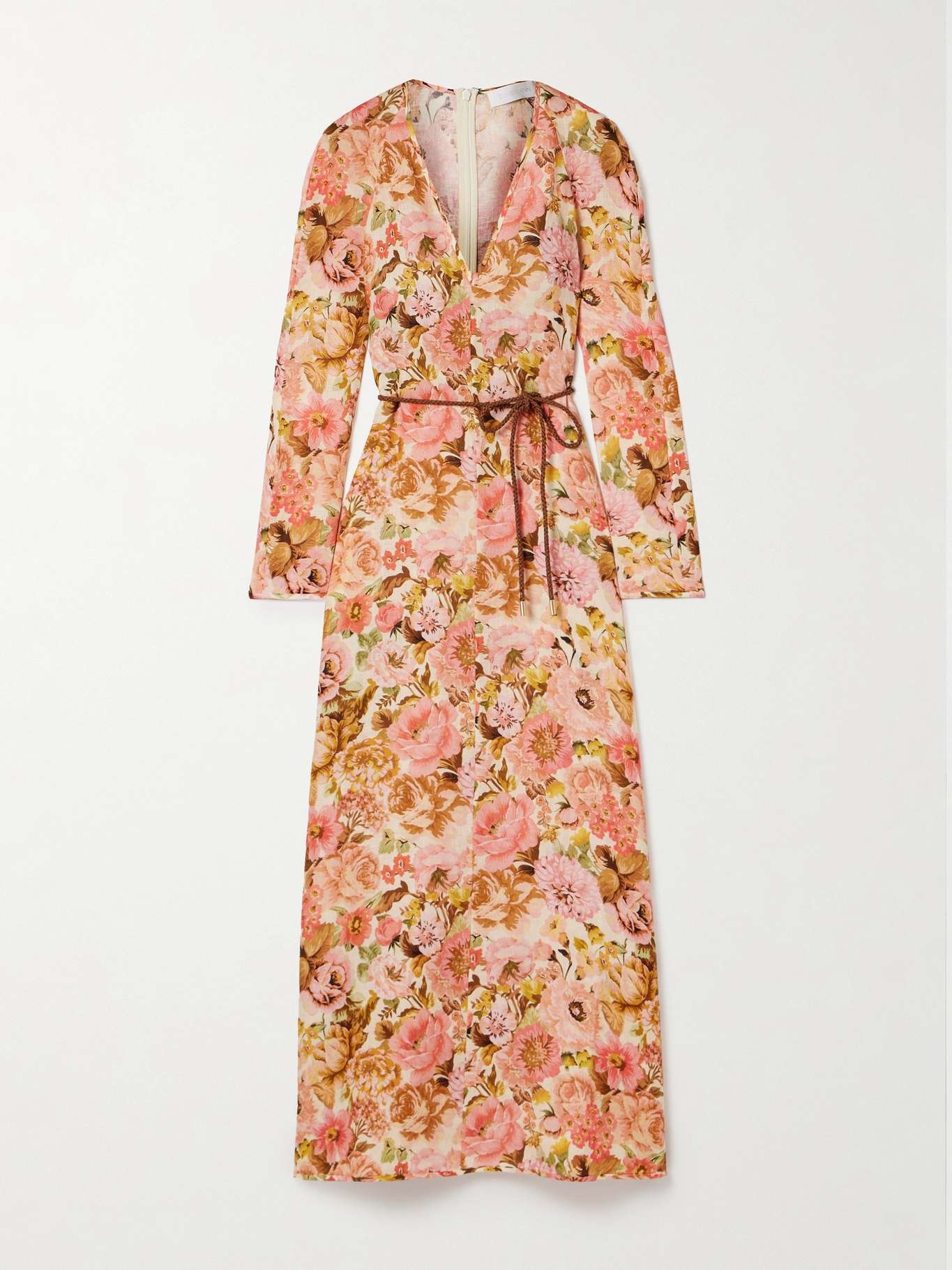 Golden belted floral-print linen maxi dress - 1