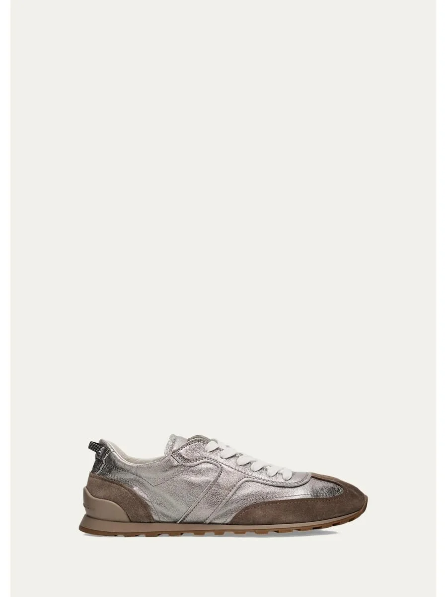 Monili Pull-Tab Crinkle-Effect Leather Low-Top Sneakers - 1