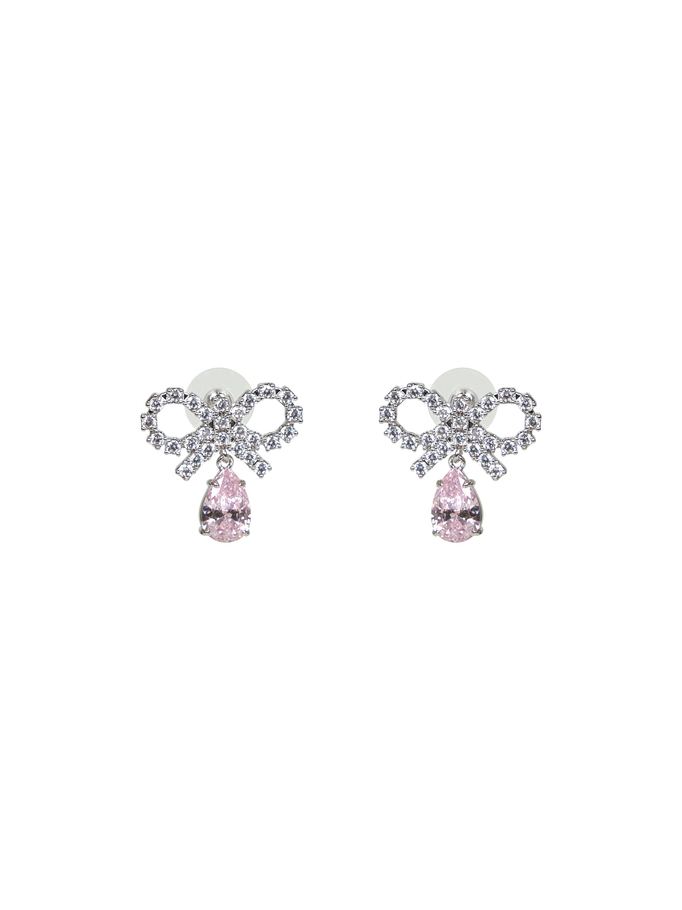 Silver micro bow pink droplet earrings - 1