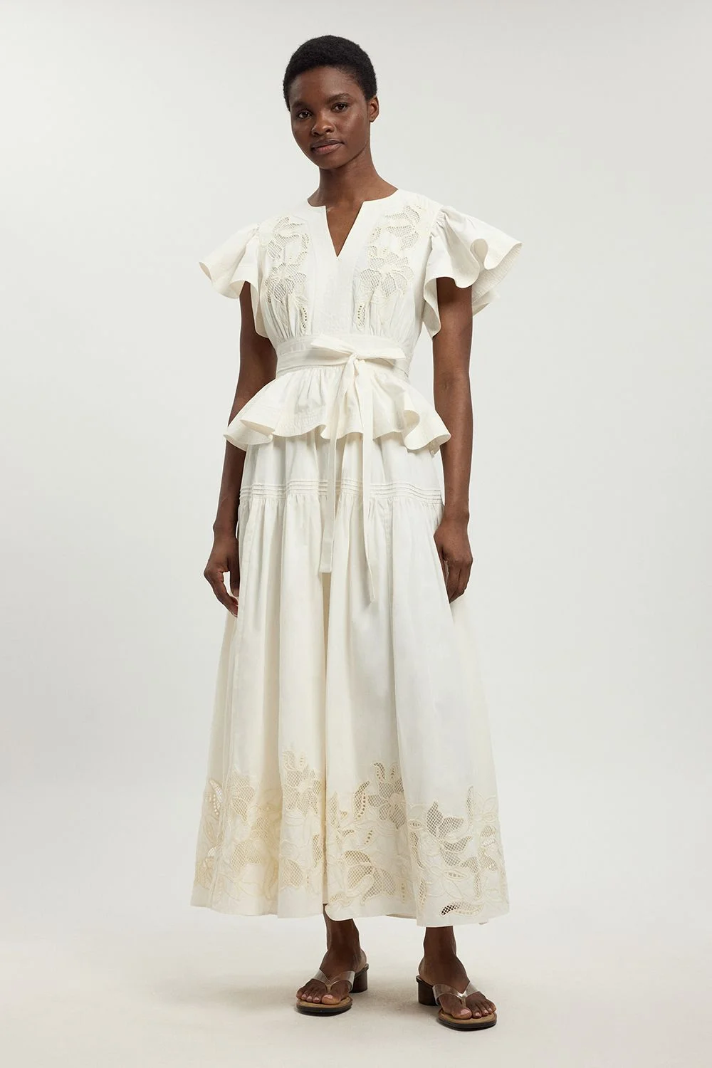 Cotton Cutwork Belted Midi Dress - 1