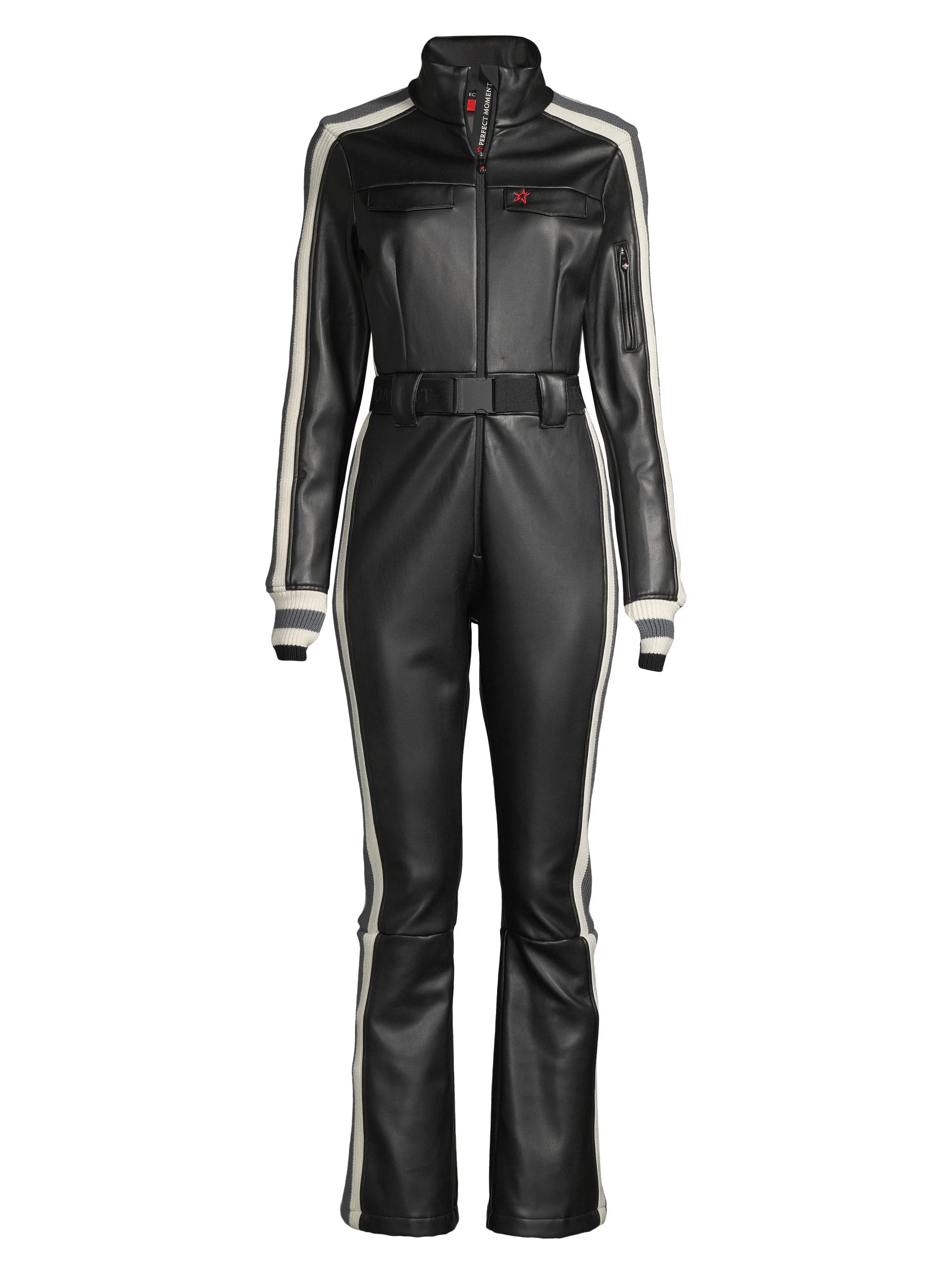 Women's Crystal Belted Stripe Faux Leather Ski Suit - Black - 1