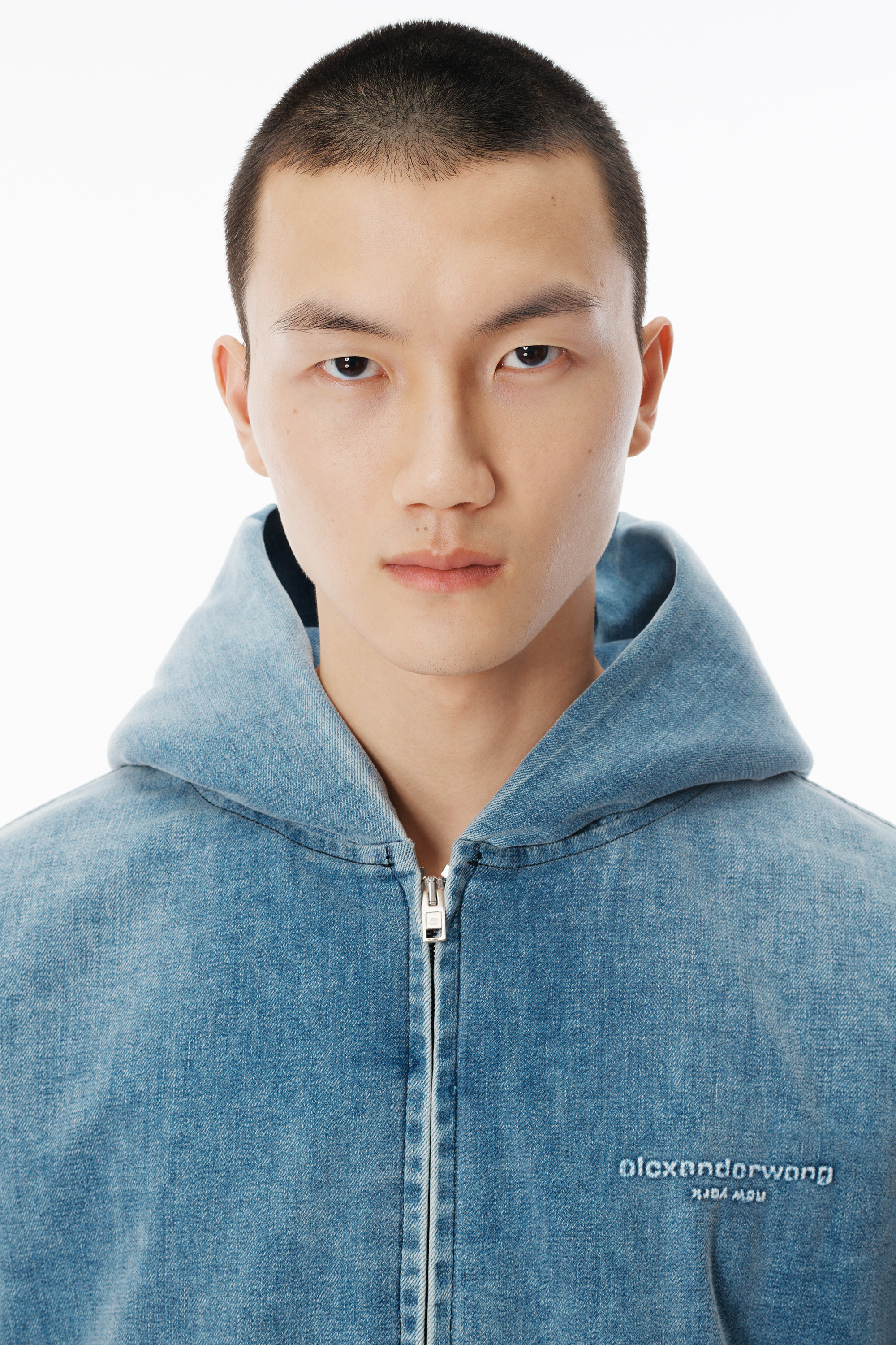 Light Blue Brushed Denim Oversized Hoodie - 5