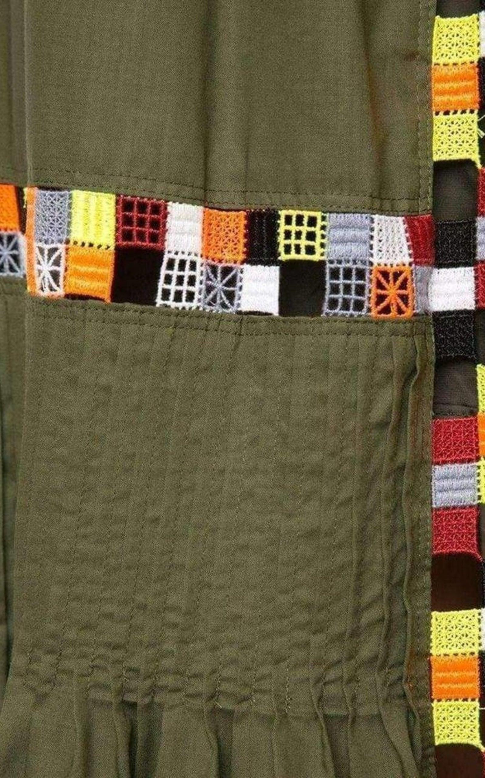Military Green Embroidered Long Skirt - 5