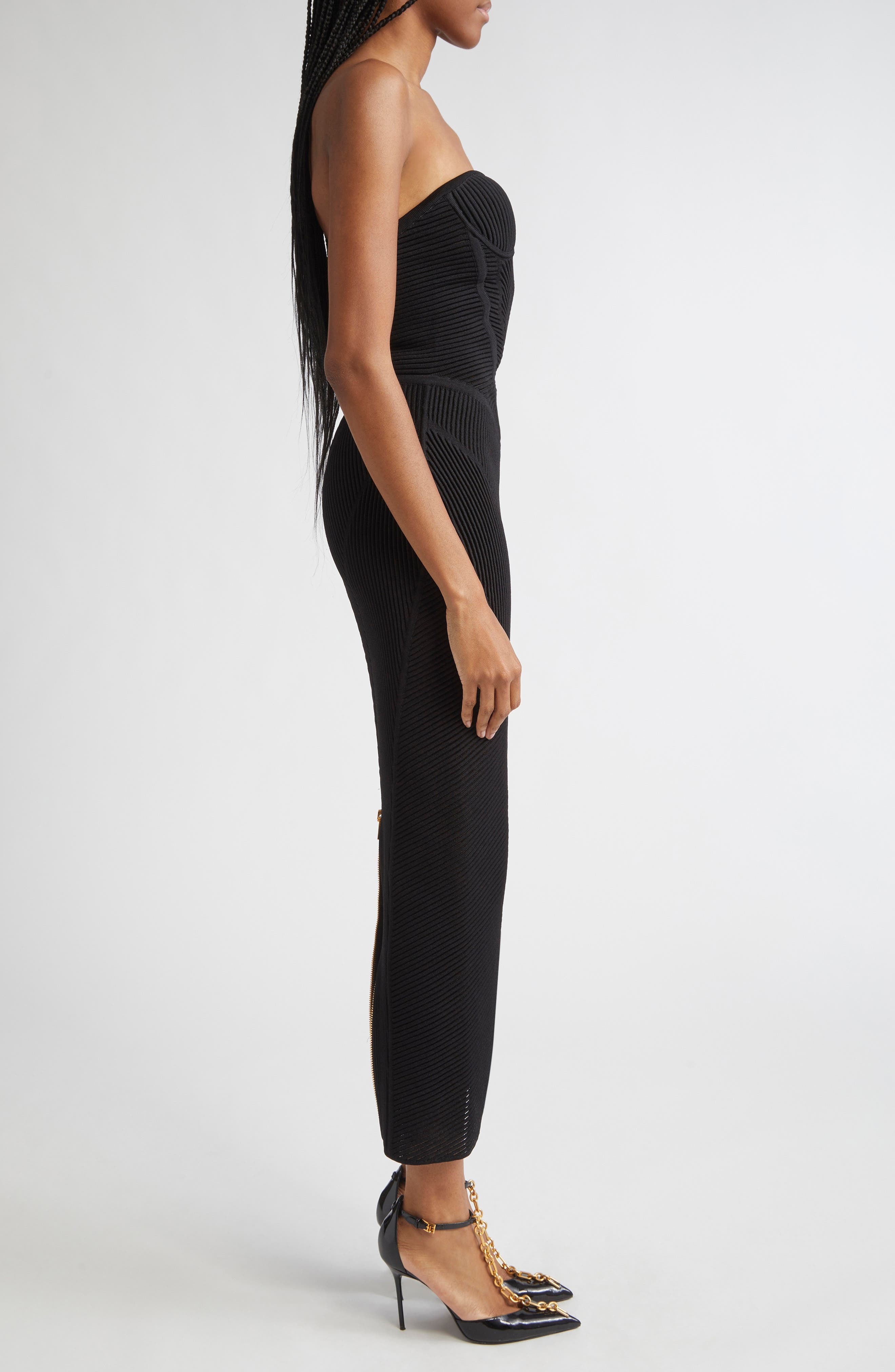 Balmain Strapless Knit Body-Con Bustier Dress in 0Pa Black at Nordstrom - 3