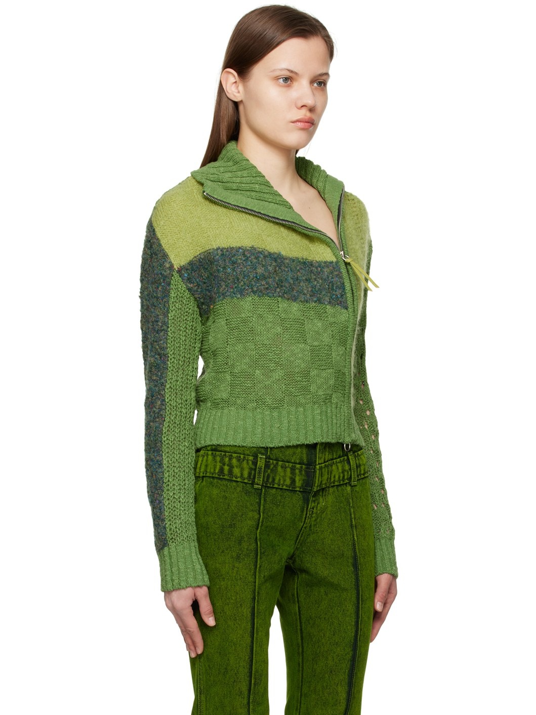 Green Patchwork Zip Cardigan - 2