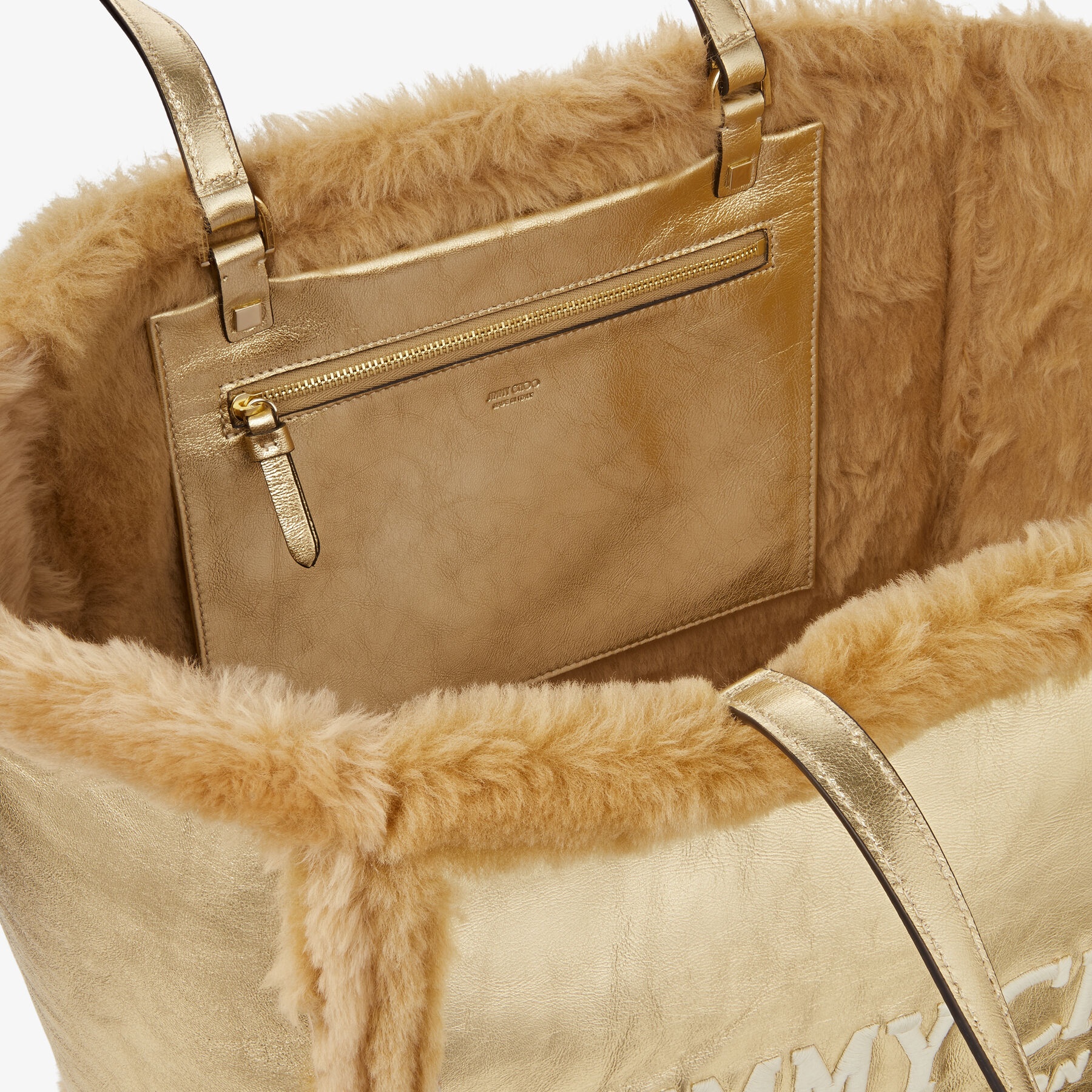 Avenue Tote Bag
Gold Metallic Nappa and Shearling Tote Bag with Jimmy Choo Embroidery - 4