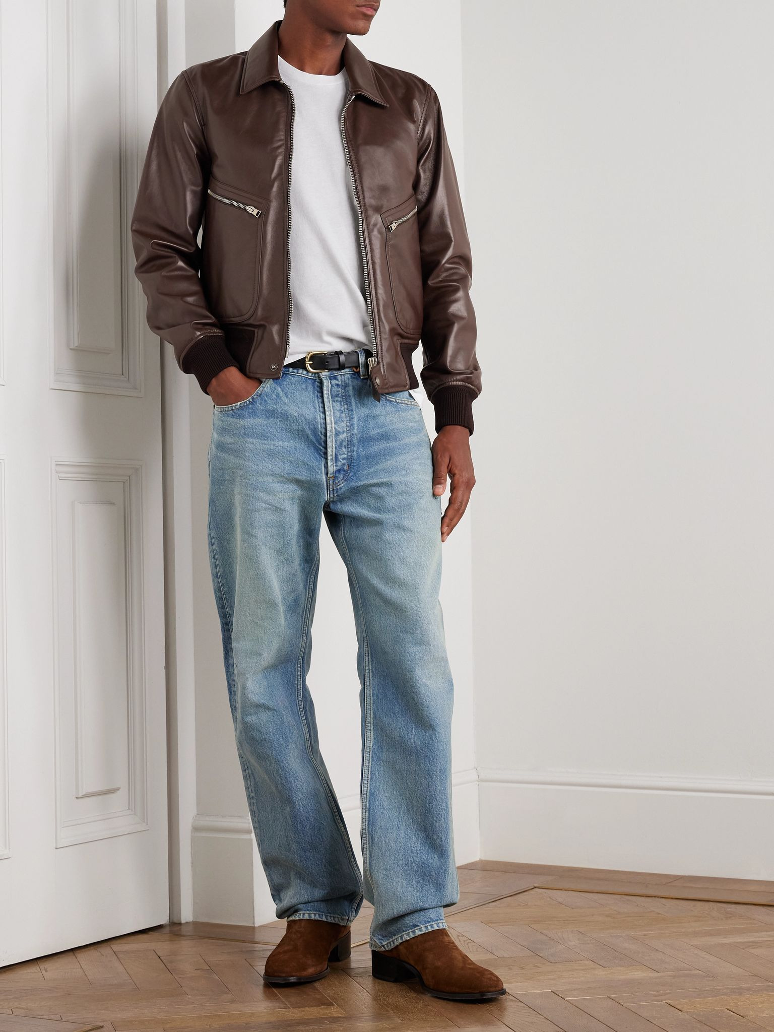Leather Zip-Up Jacket Brown - 2